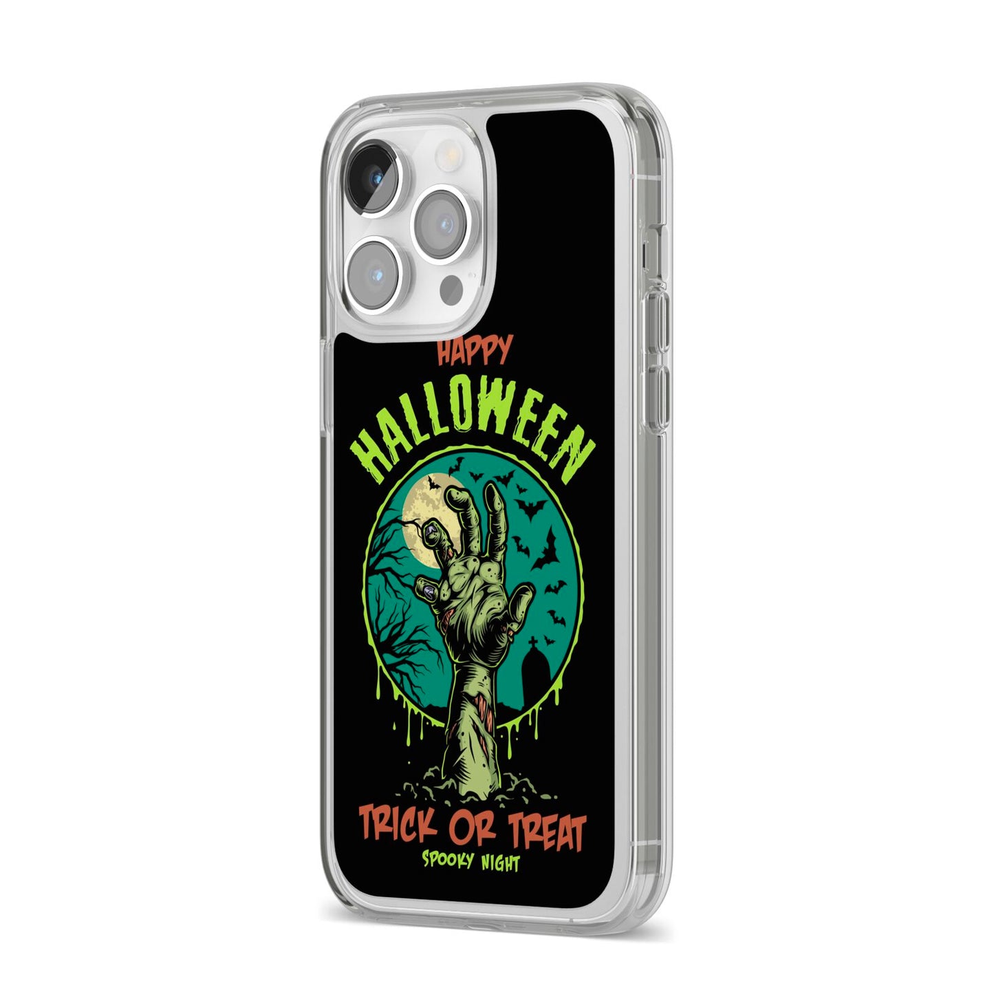 Halloween Zombie Hand iPhone 14 Pro Max Clear Tough Case Silver Angled Image