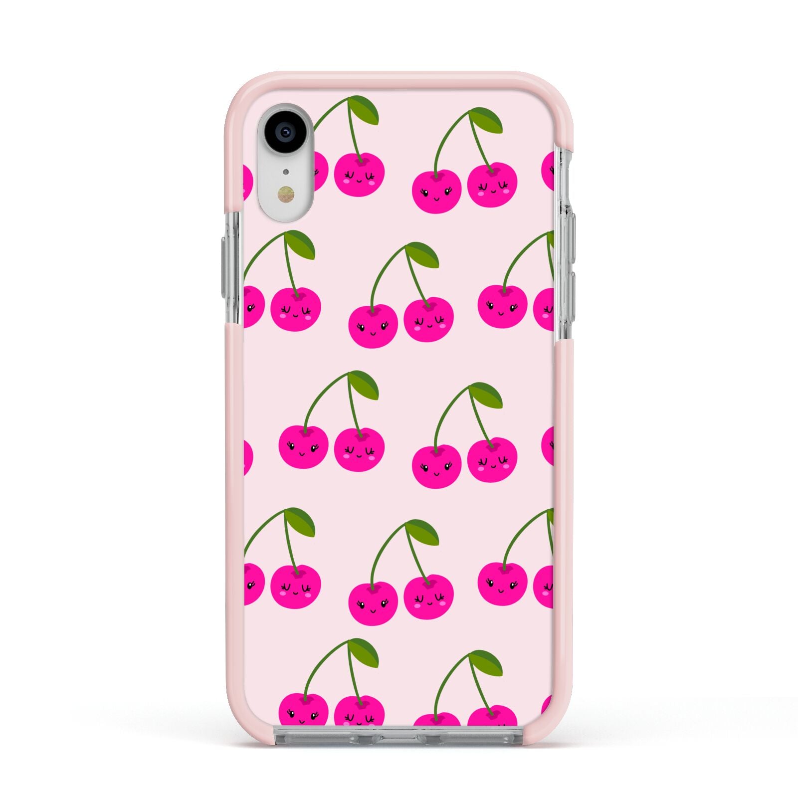 Happy Cherry Apple iPhone XR Impact Case Pink Edge on Silver Phone