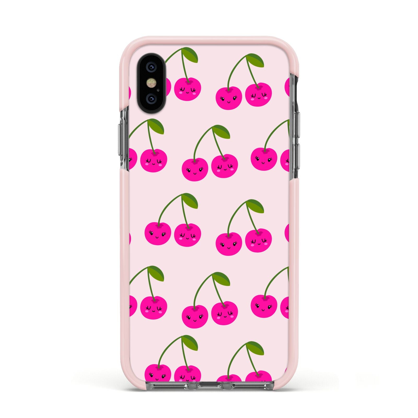 Happy Cherry Apple iPhone Xs Impact Case Pink Edge on Black Phone