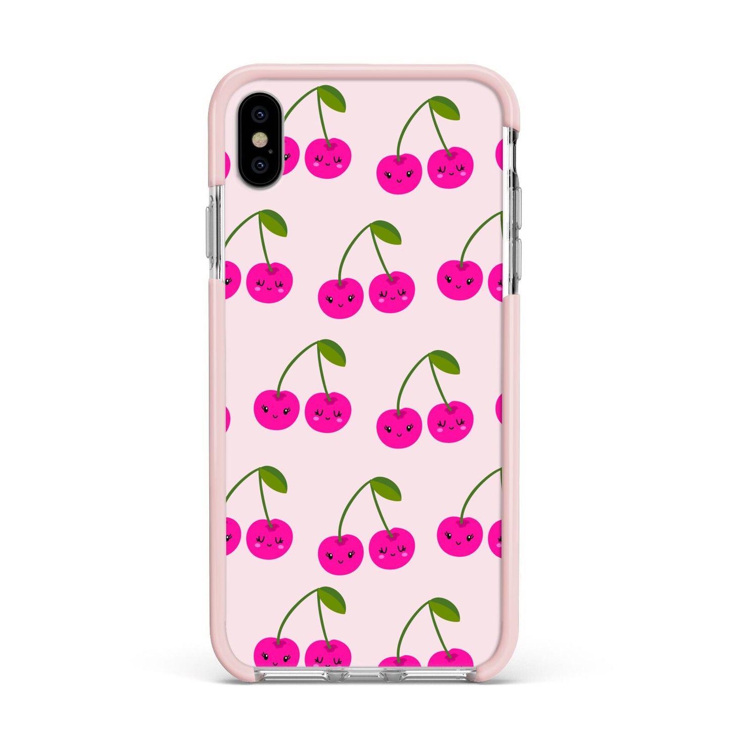 Happy Cherry Apple iPhone Xs Max Impact Case Pink Edge on Silver Phone