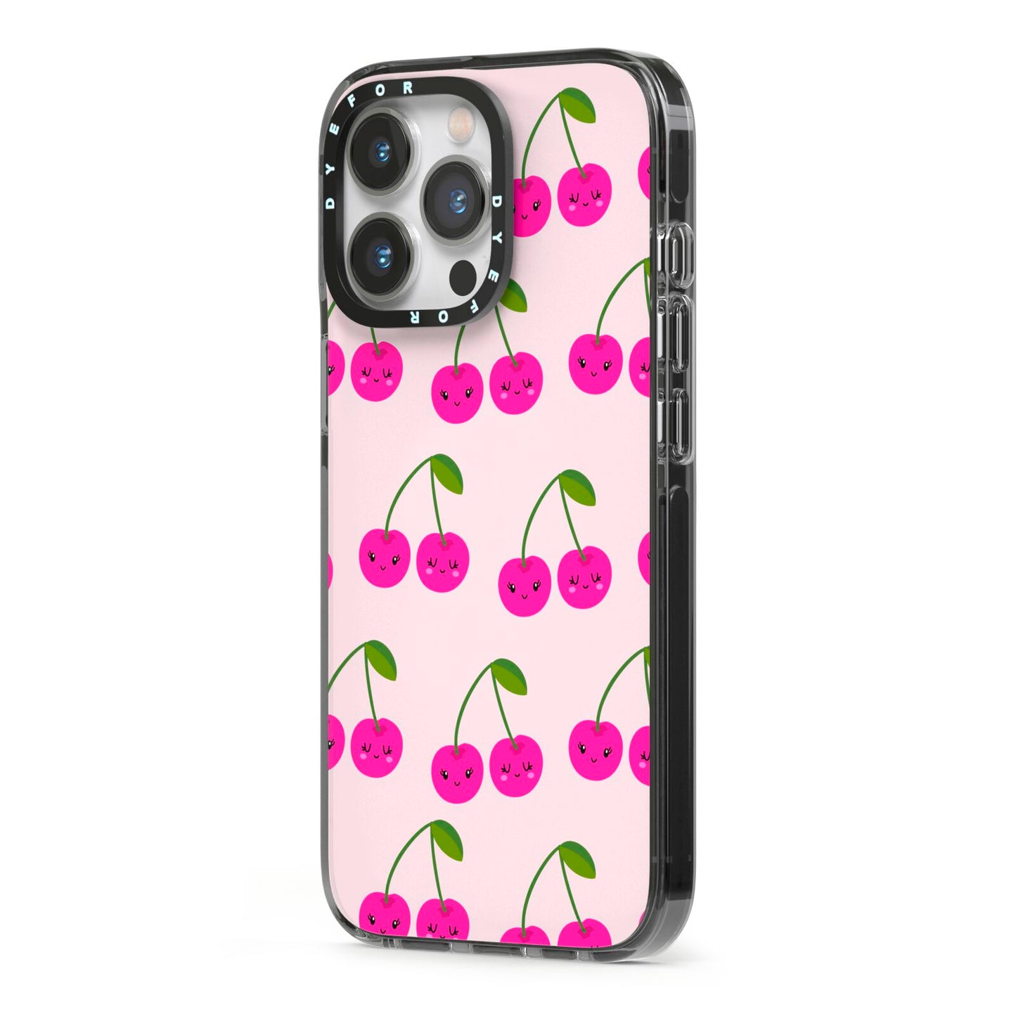Happy Cherry iPhone 13 Pro Black Impact Case Side Angle on Silver phone
