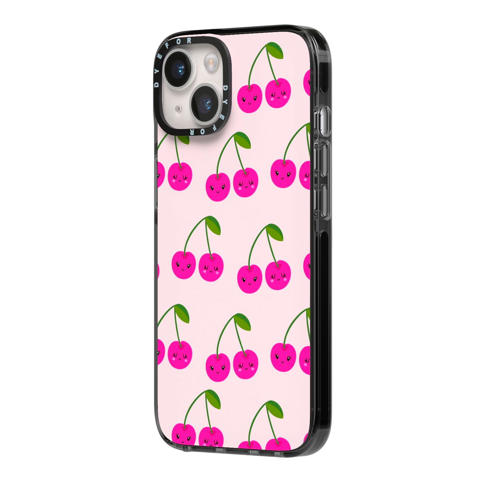 Happy Cherry iPhone 14 Black Impact Case Side Angle on Silver phone