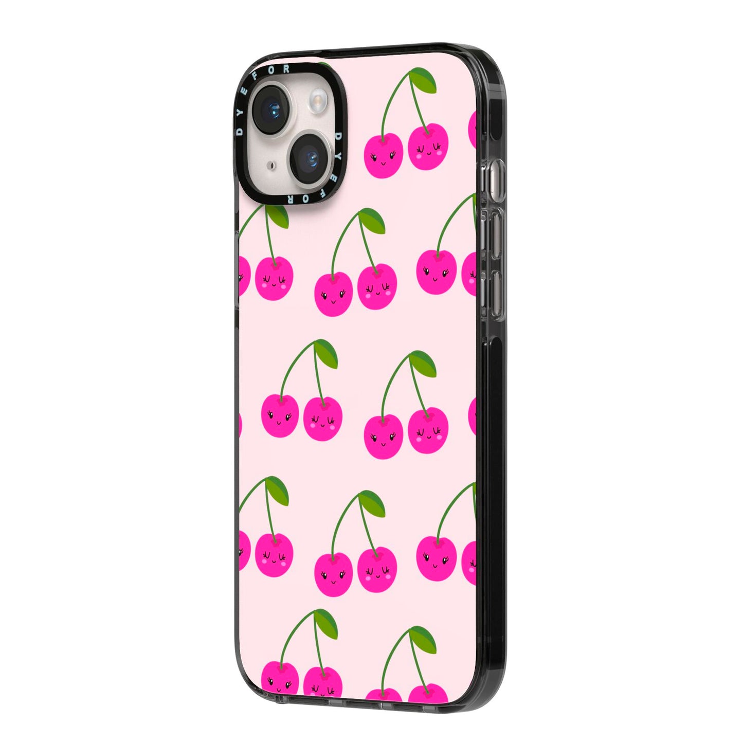 Happy Cherry iPhone 14 Plus Black Impact Case Side Angle on Silver phone