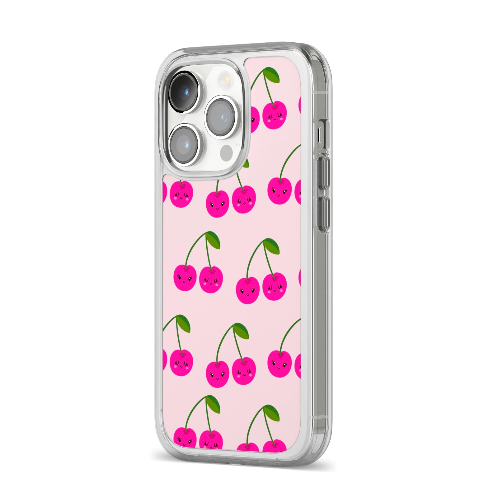 Happy Cherry iPhone 14 Pro Clear Tough Case Silver Angled Image