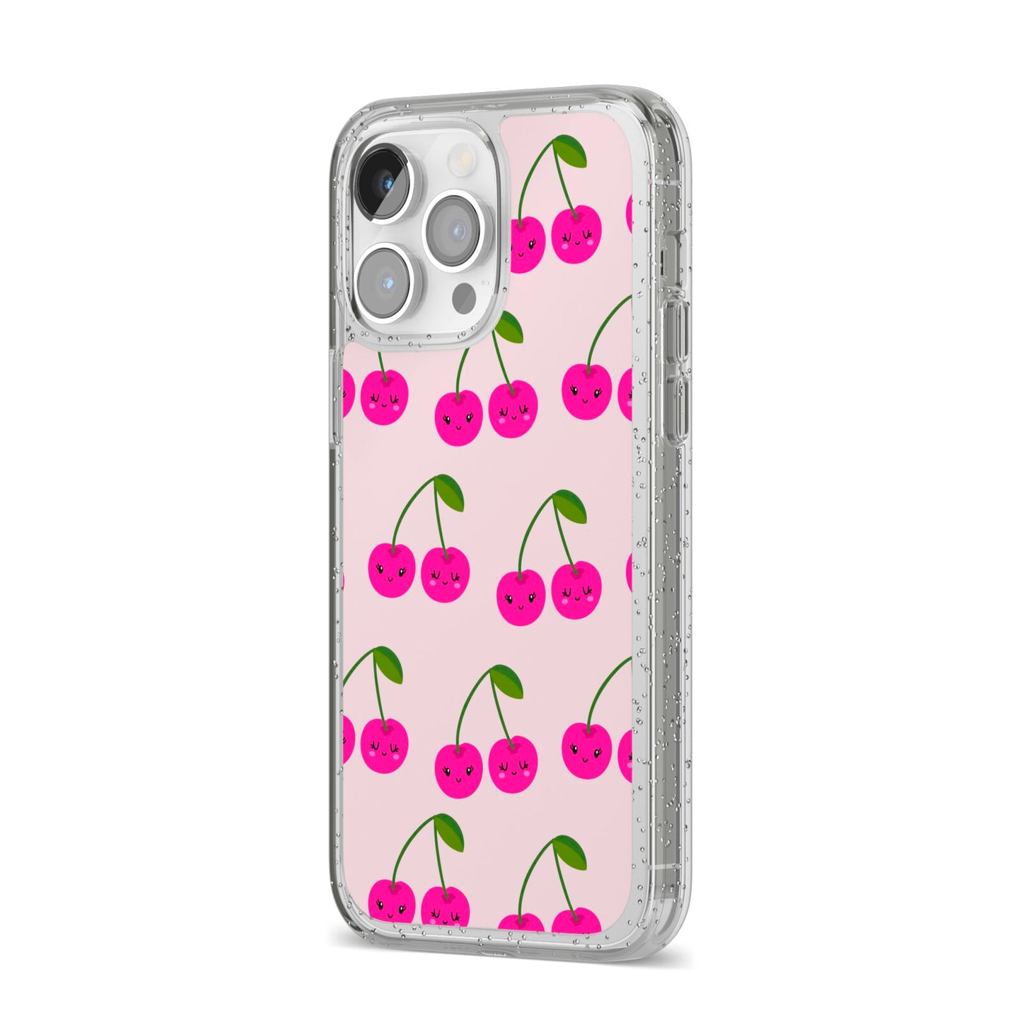 Happy Cherry iPhone 14 Pro Max Glitter Tough Case Silver Angled Image