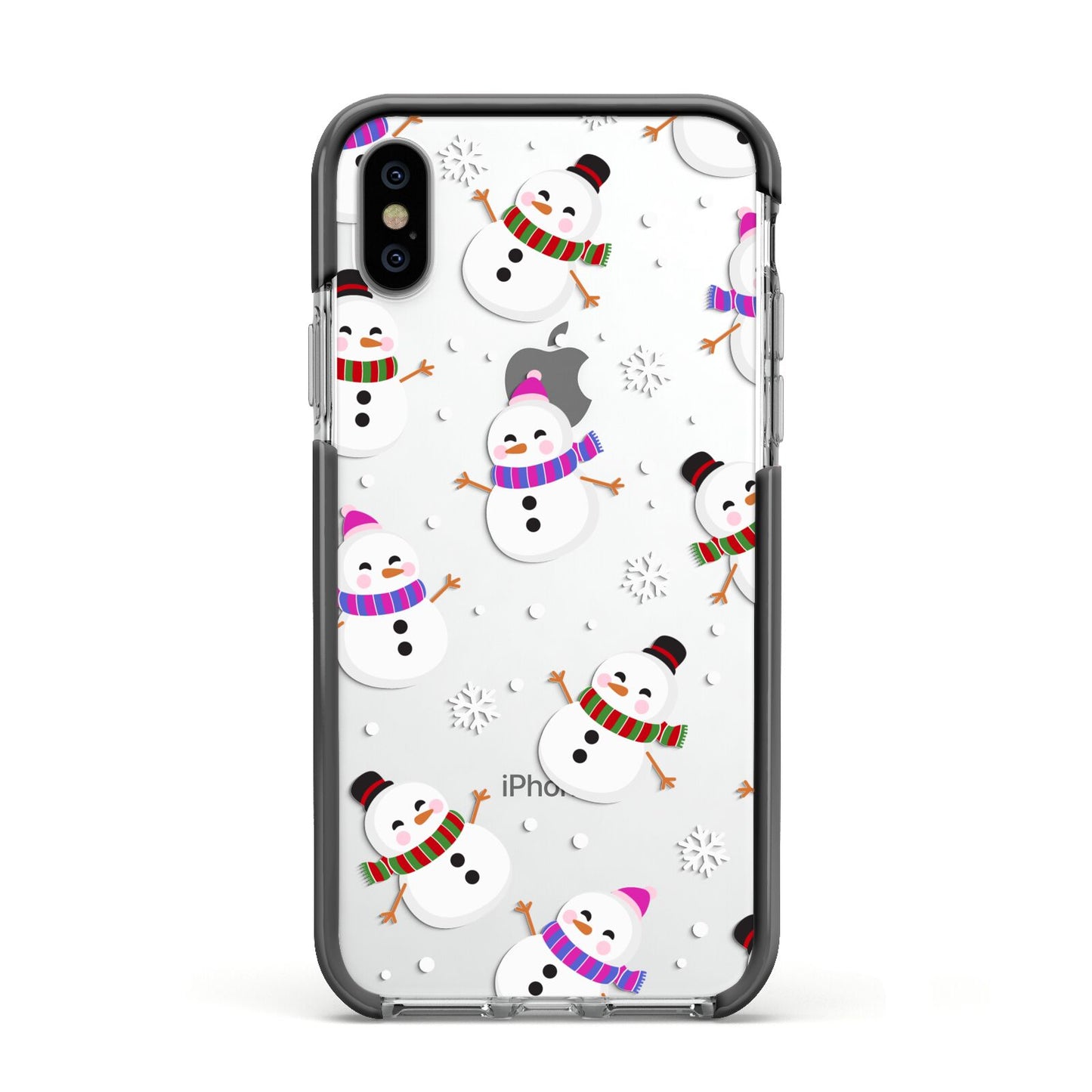 Happy Snowmen Illustrations Apple iPhone Xs Impact Case Black Edge on Silver Phone