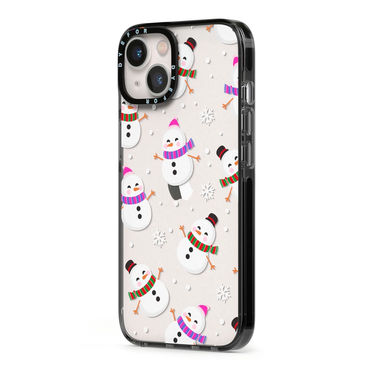 Happy Snowmen Illustrations iPhone 13 Black Impact Case Side Angle on Silver phone