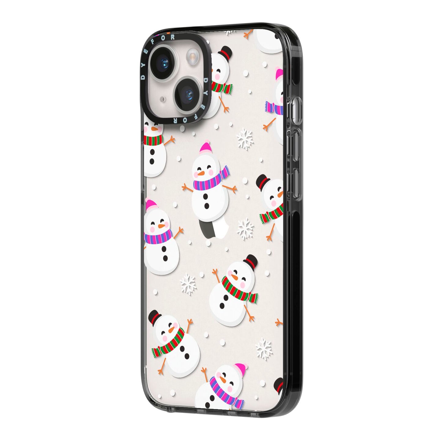 Happy Snowmen Illustrations iPhone 14 Black Impact Case Side Angle on Silver phone