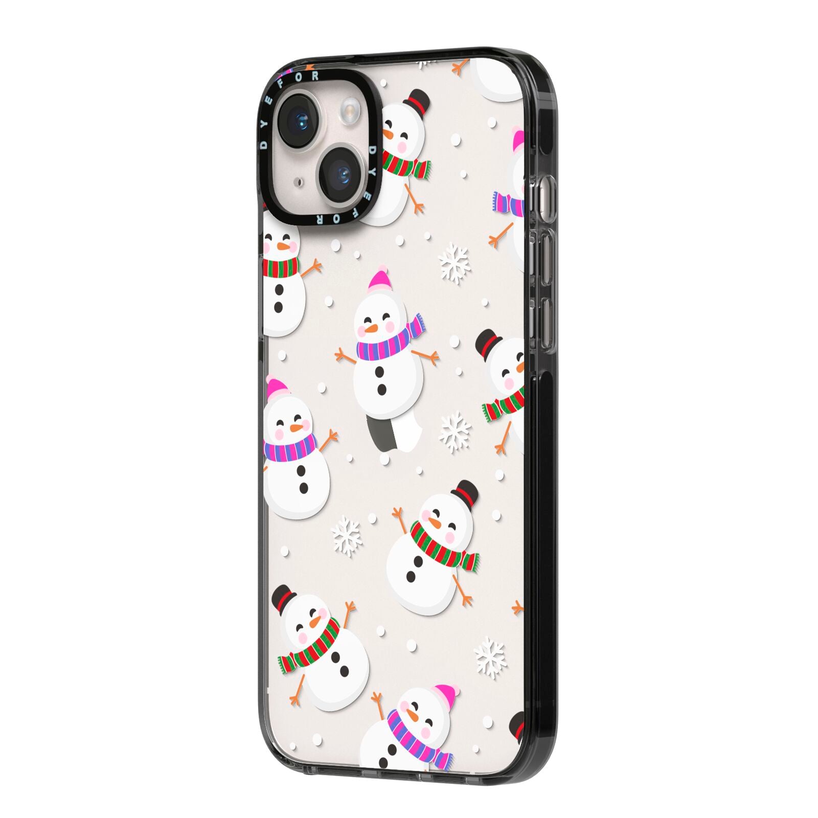 Happy Snowmen Illustrations iPhone 14 Plus Black Impact Case Side Angle on Silver phone
