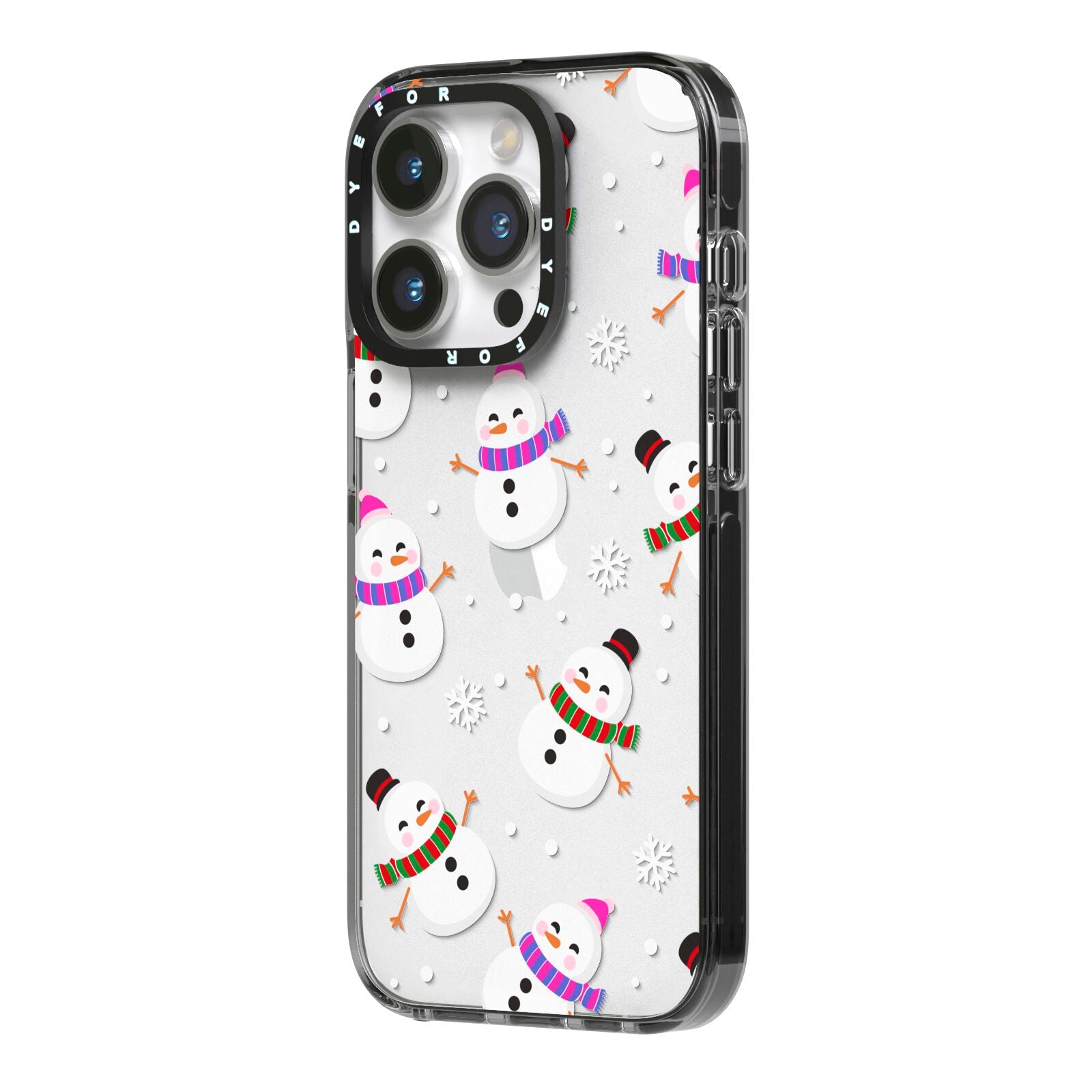 Happy Snowmen Illustrations iPhone 14 Pro Black Impact Case Side Angle on Silver phone