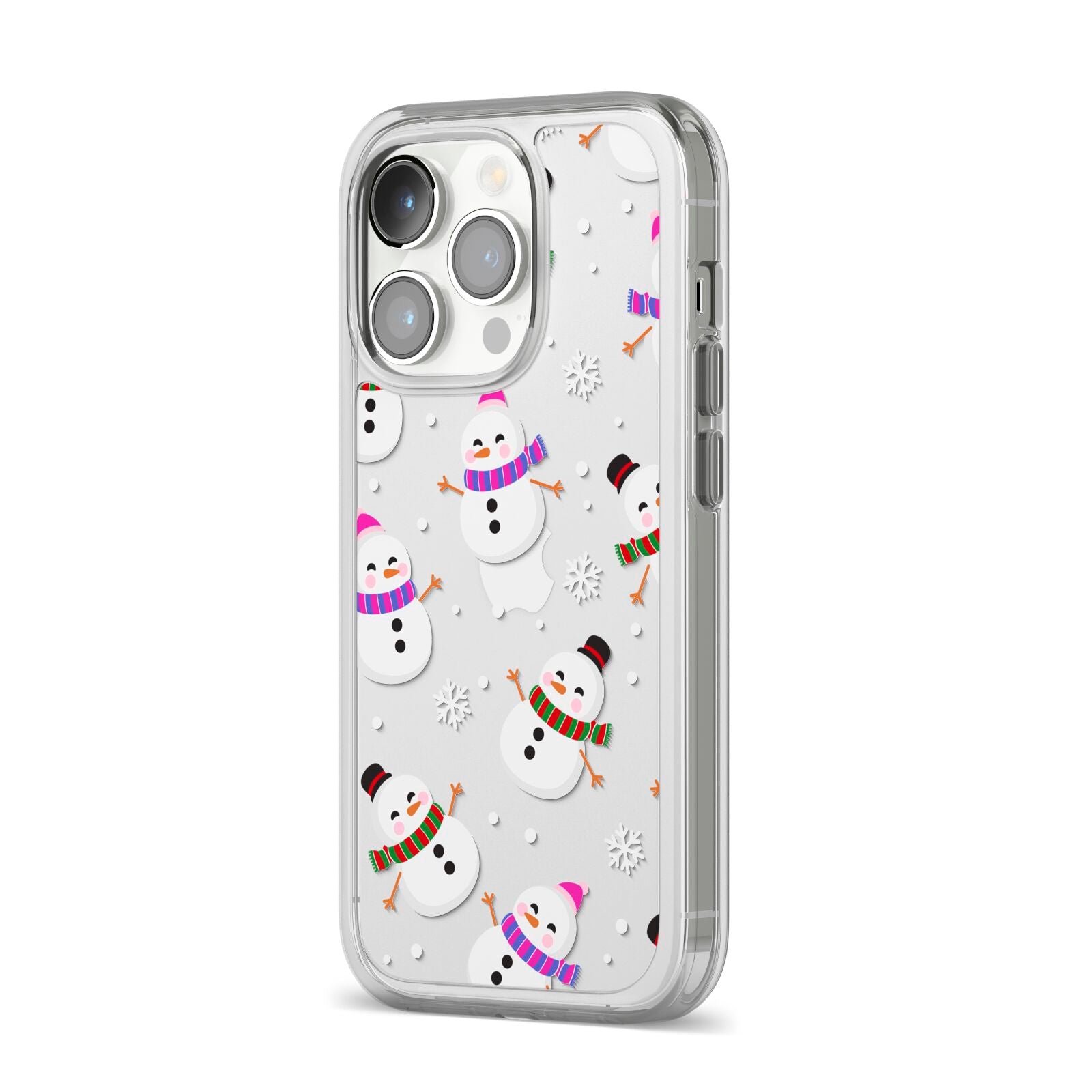 Happy Snowmen Illustrations iPhone 14 Pro Clear Tough Case Silver Angled Image