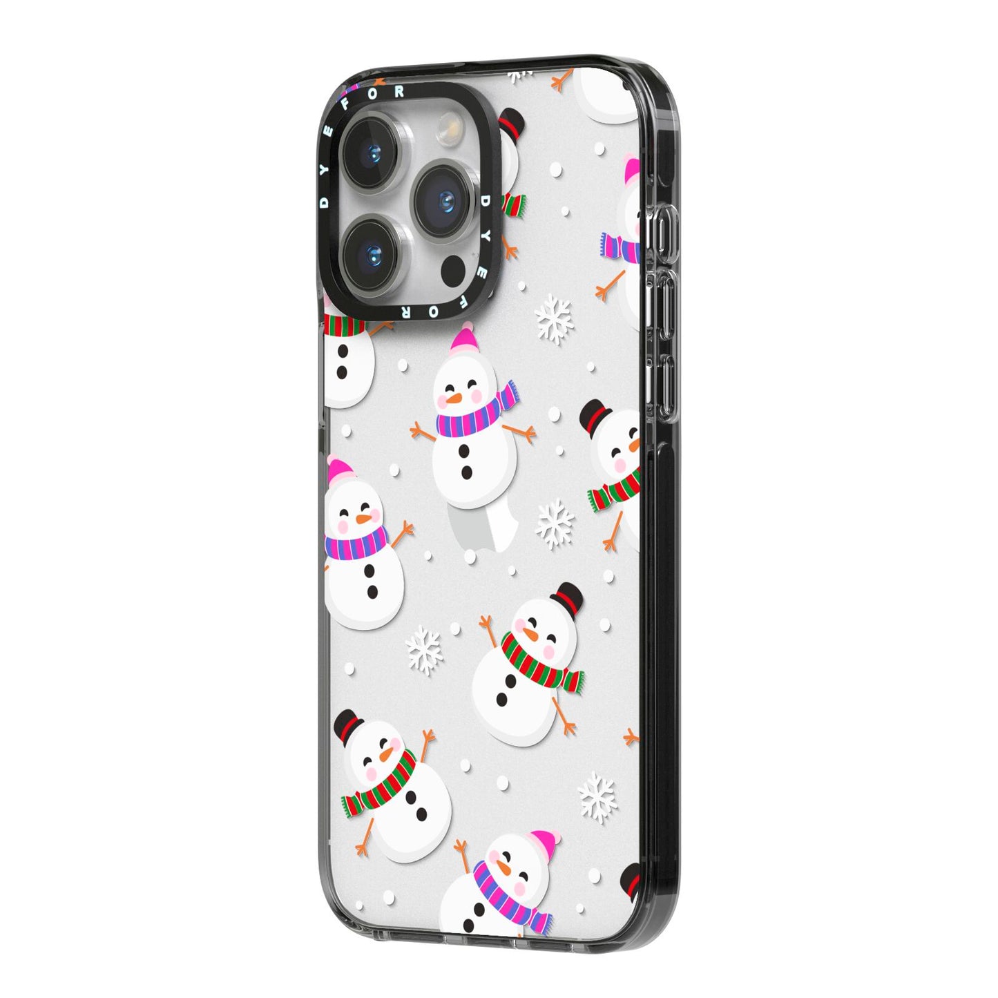 Happy Snowmen Illustrations iPhone 14 Pro Max Black Impact Case Side Angle on Silver phone
