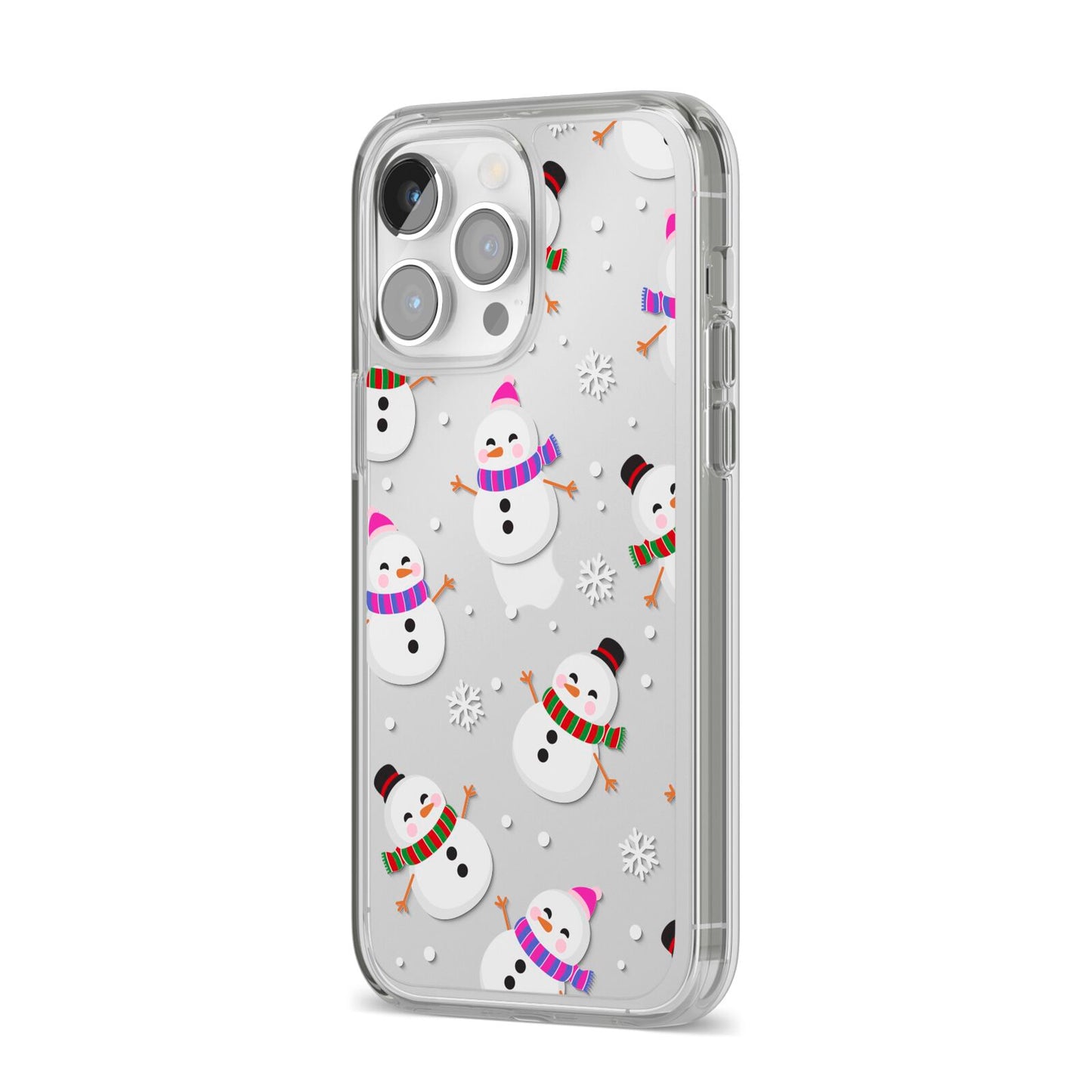 Happy Snowmen Illustrations iPhone 14 Pro Max Clear Tough Case Silver Angled Image