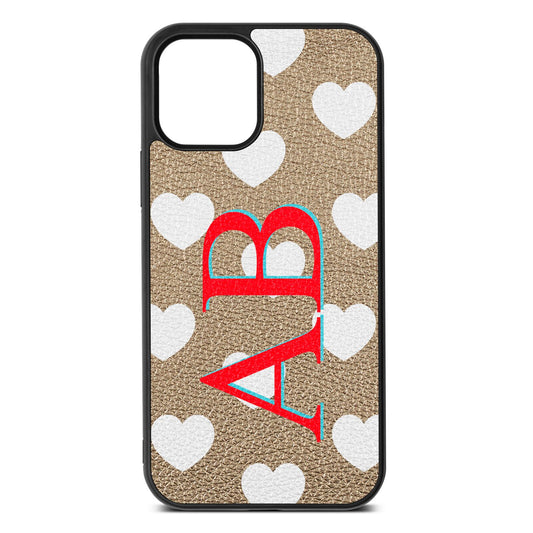 Heart Print Initials Gold Pebble Leather iPhone 12 Case