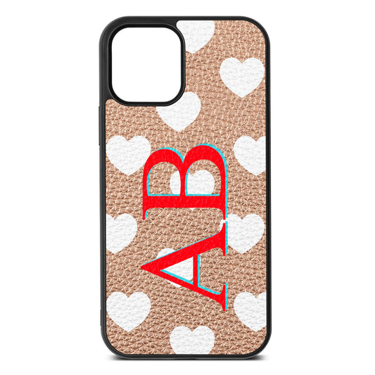 Heart Print Initials Rose Gold Pebble Leather iPhone 12 Case