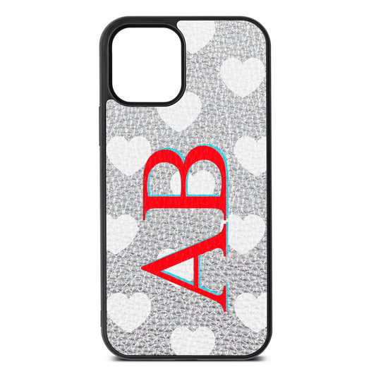 Heart Print Initials Silver Pebble Leather iPhone 12 Case