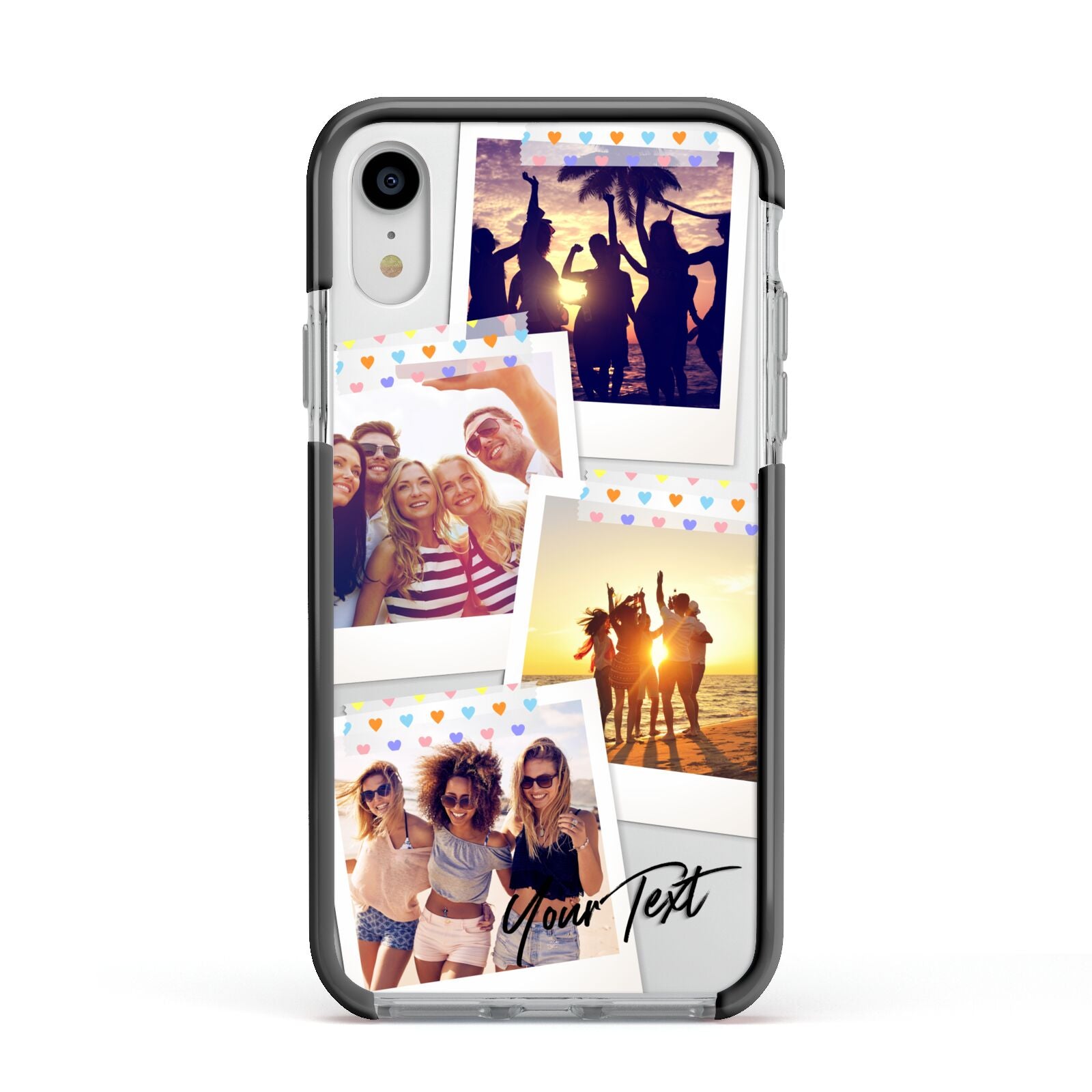 Heart Tape Photo with Text Apple iPhone XR Impact Case Black Edge on Silver Phone