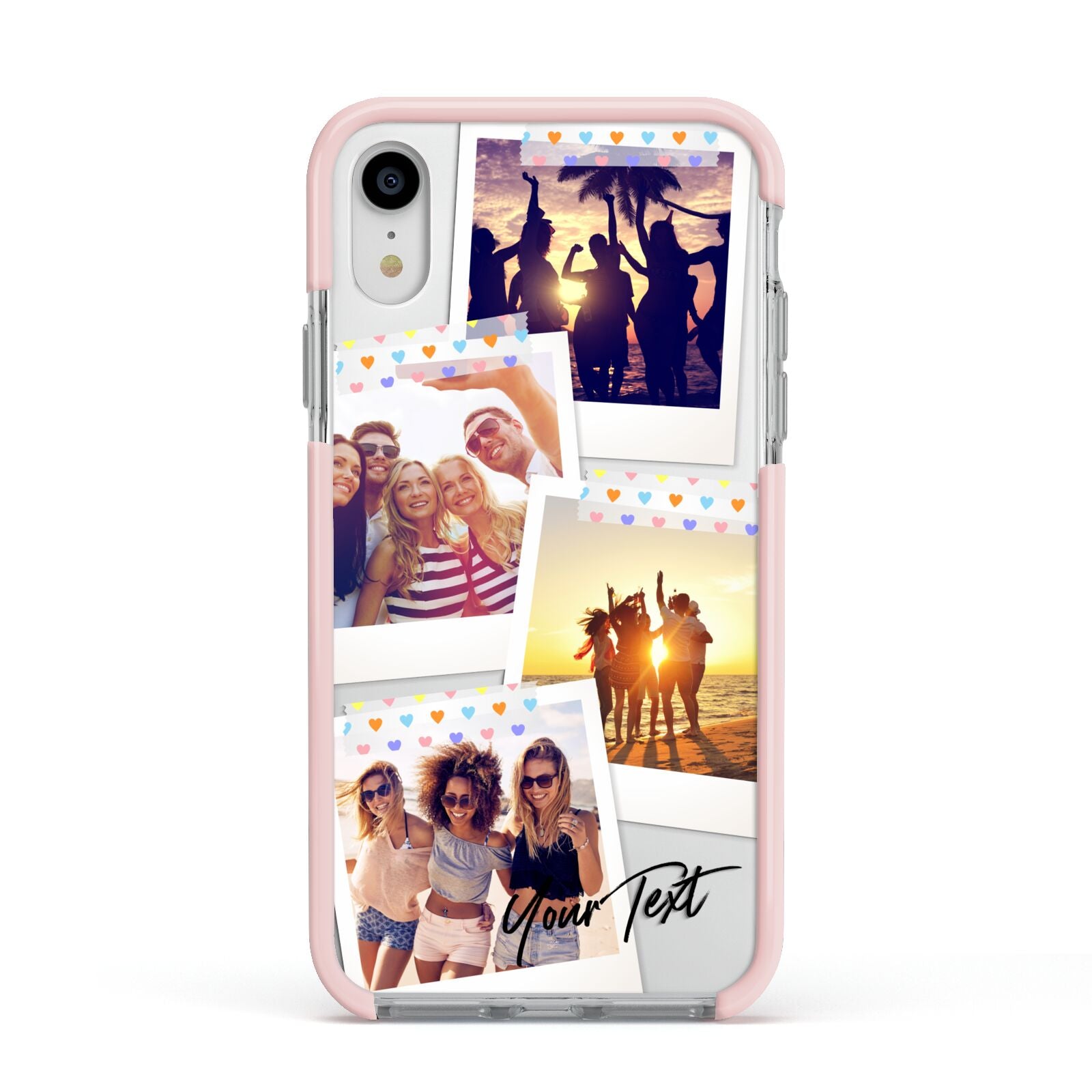 Heart Tape Photo with Text Apple iPhone XR Impact Case Pink Edge on Silver Phone