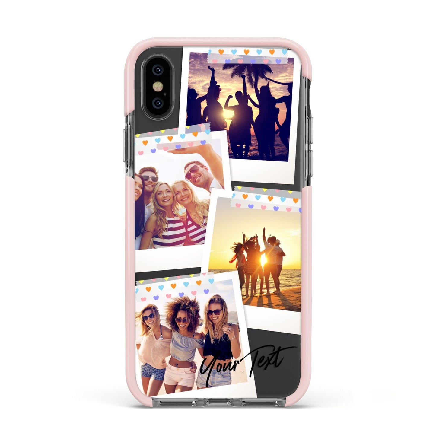 Heart Tape Photo with Text Apple iPhone Xs Impact Case Pink Edge on Black Phone