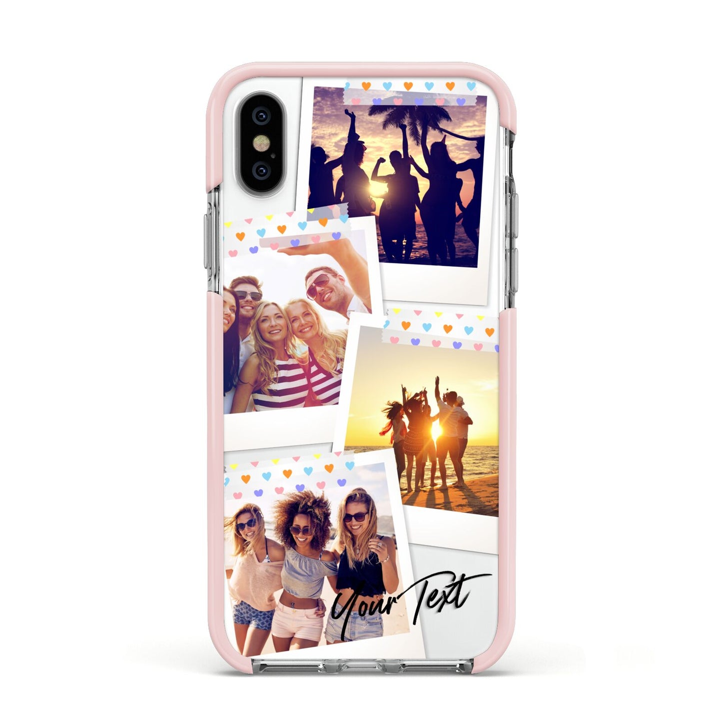 Heart Tape Photo with Text Apple iPhone Xs Impact Case Pink Edge on Silver Phone