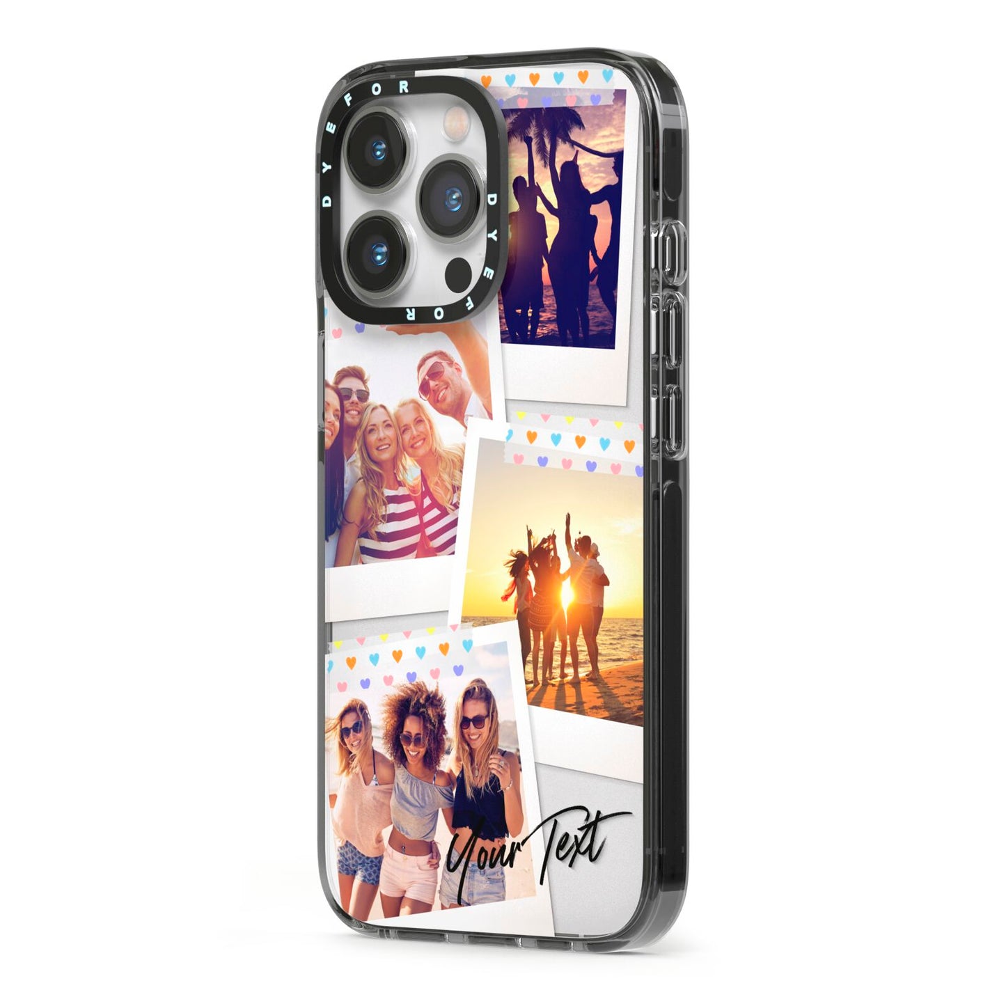Heart Tape Photo with Text iPhone 13 Pro Black Impact Case Side Angle on Silver phone