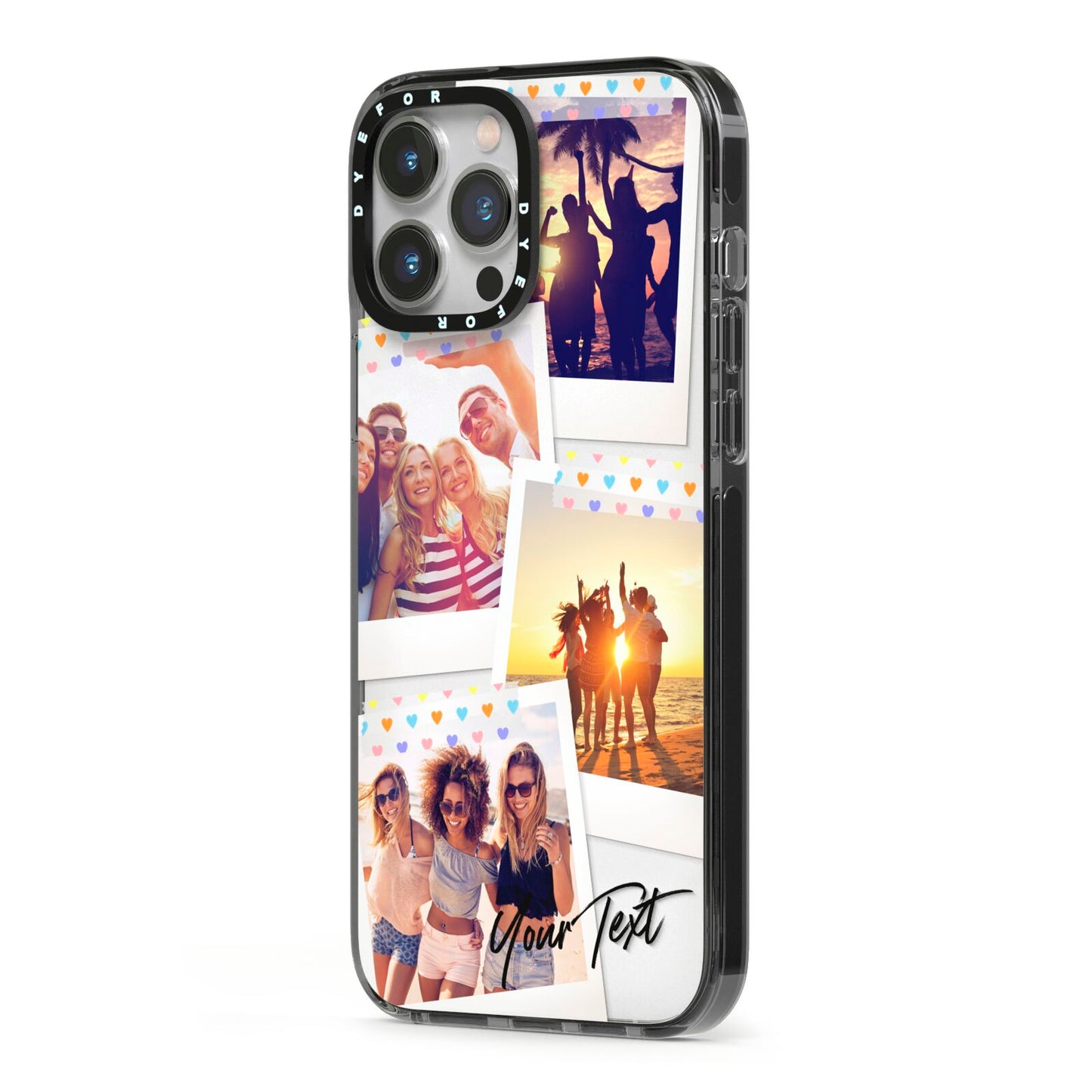 Heart Tape Photo with Text iPhone 13 Pro Max Black Impact Case Side Angle on Silver phone