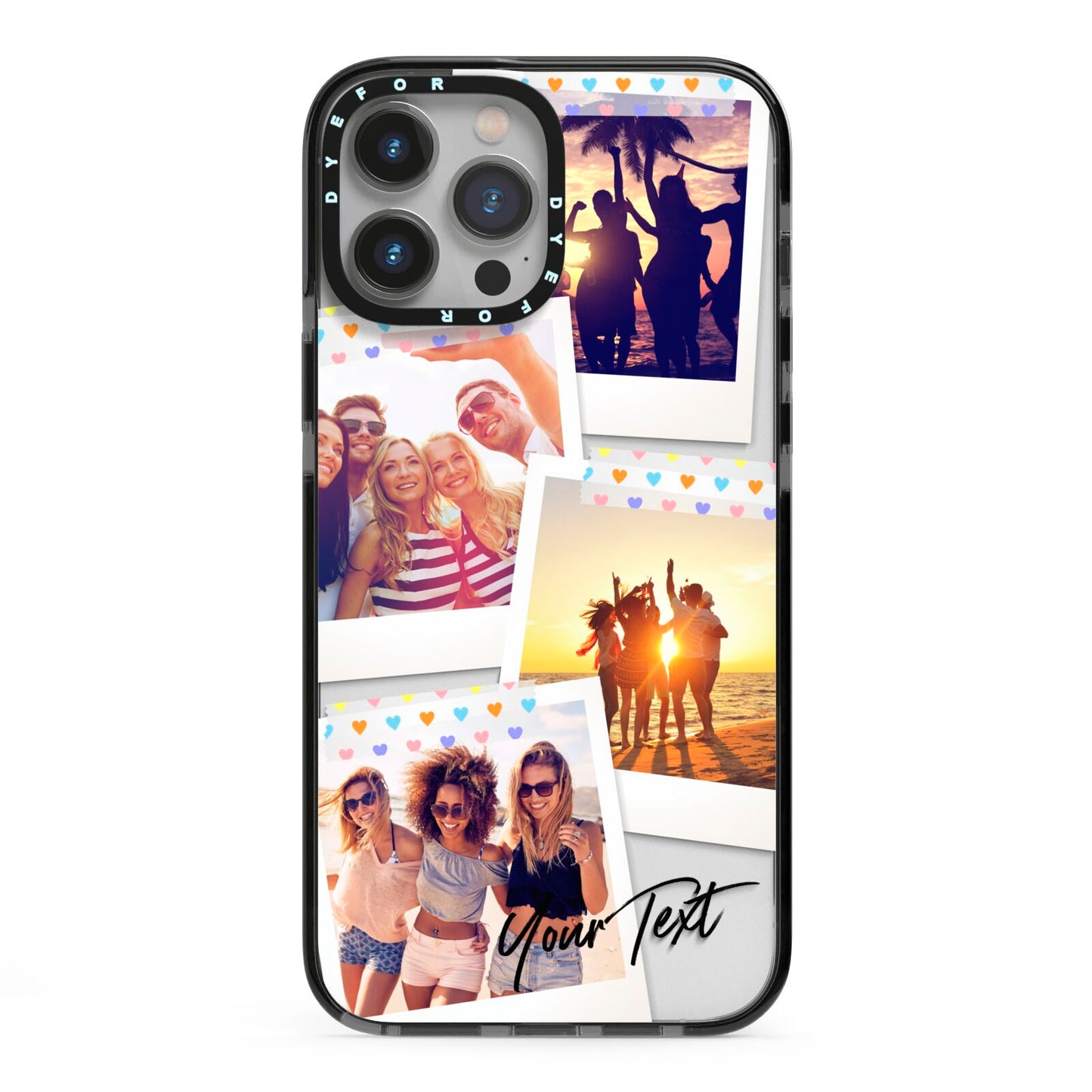 Heart Tape Photo with Text iPhone 13 Pro Max Black Impact Case on Silver phone