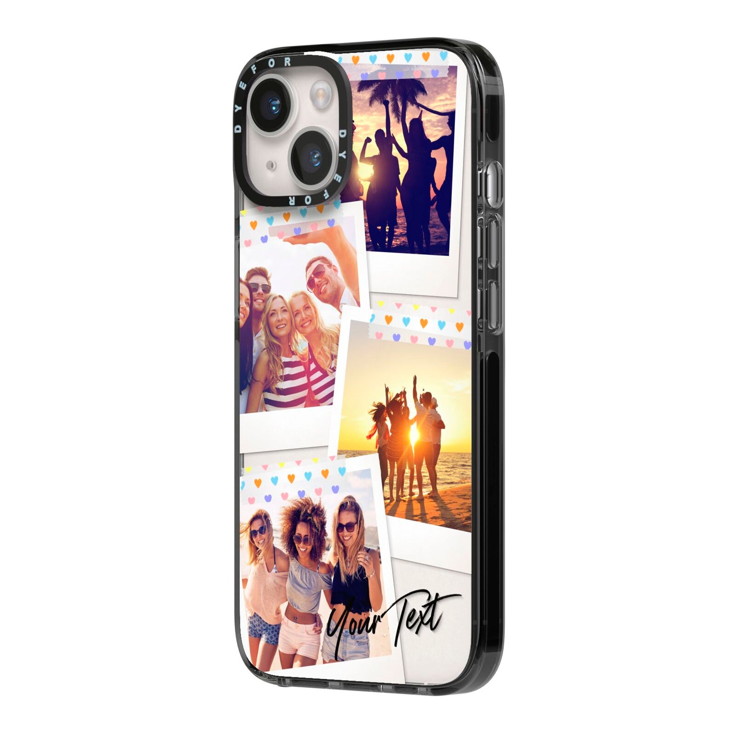 Heart Tape Photo with Text iPhone 14 Black Impact Case Side Angle on Silver phone