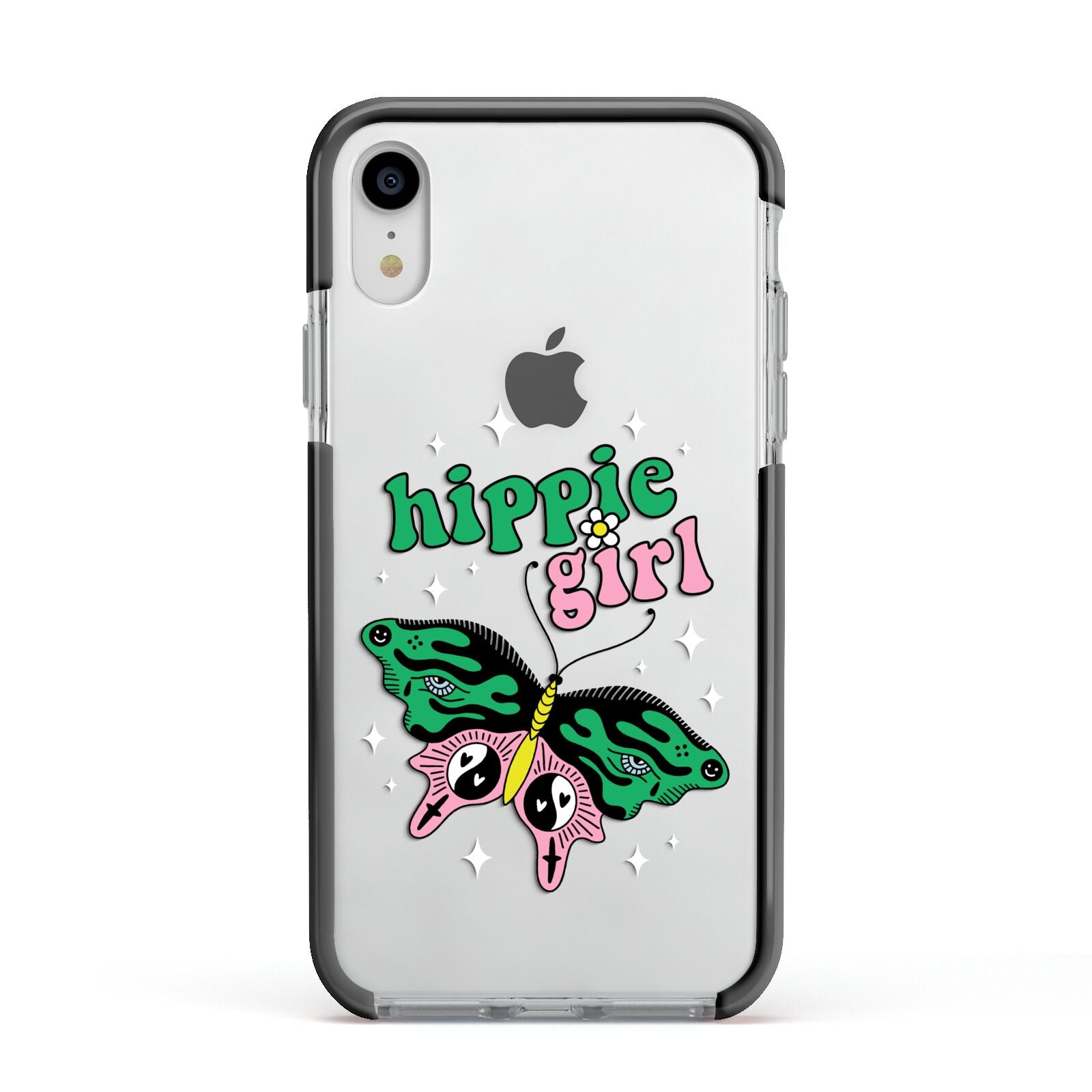 Hippie Girl Apple iPhone XR Impact Case Black Edge on Silver Phone