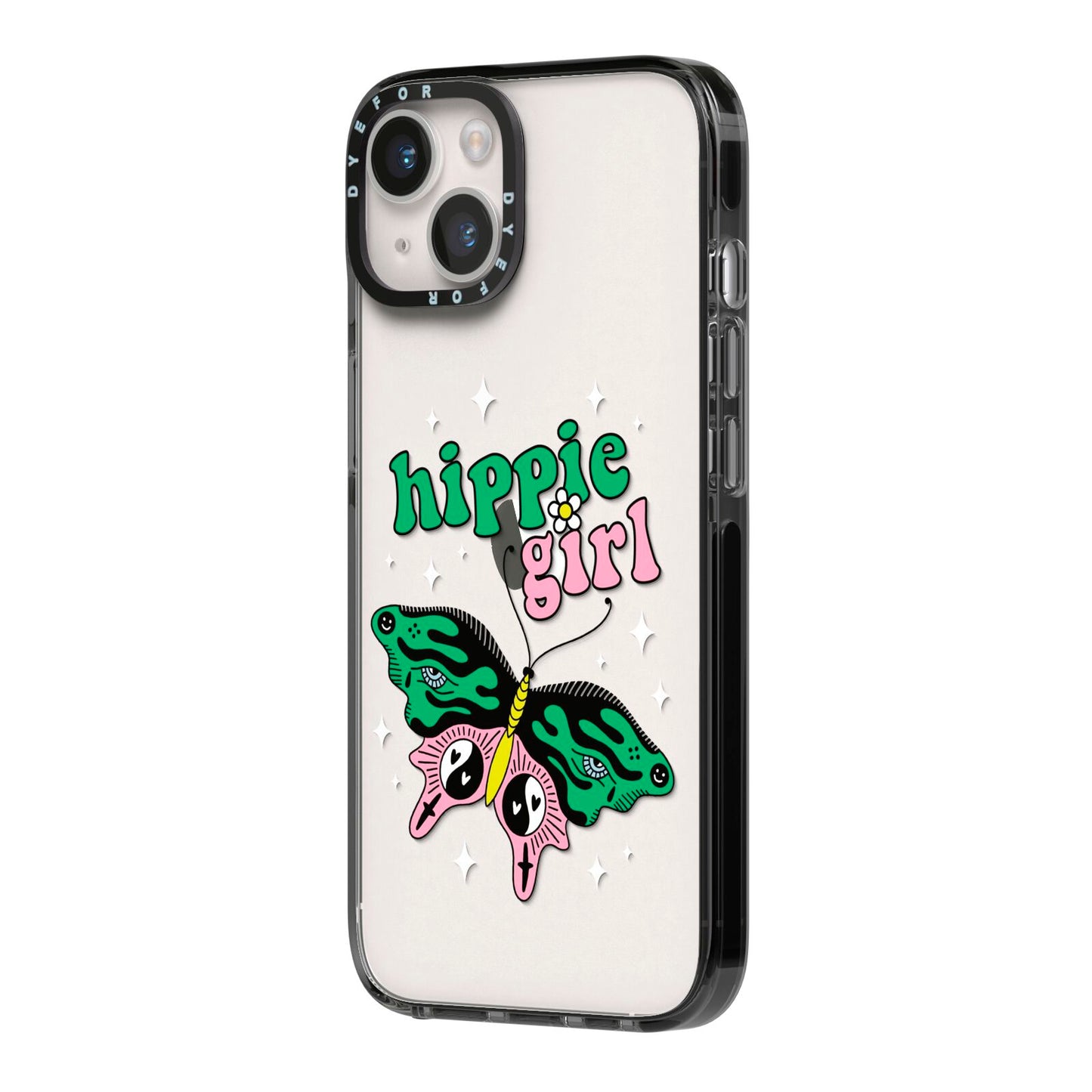 Hippie Girl iPhone 14 Black Impact Case Side Angle on Silver phone