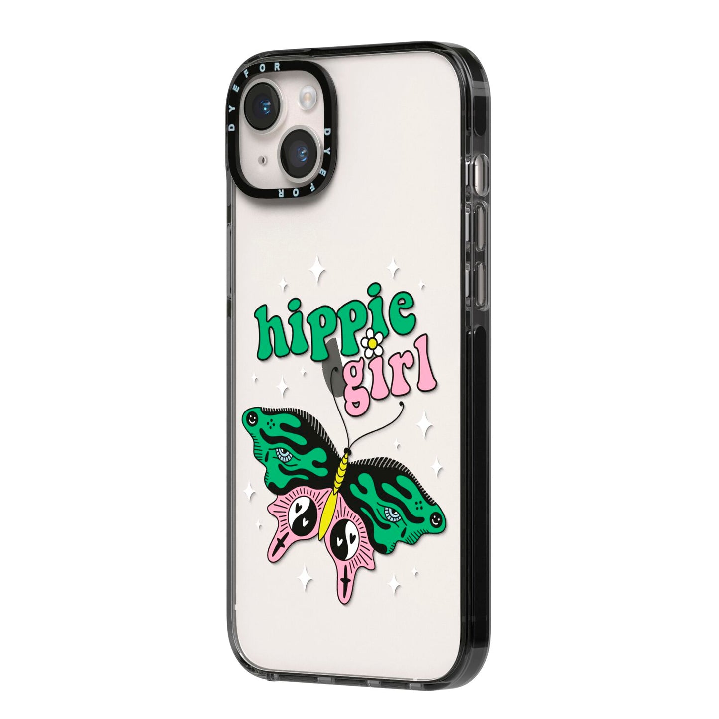 Hippie Girl iPhone 14 Plus Black Impact Case Side Angle on Silver phone