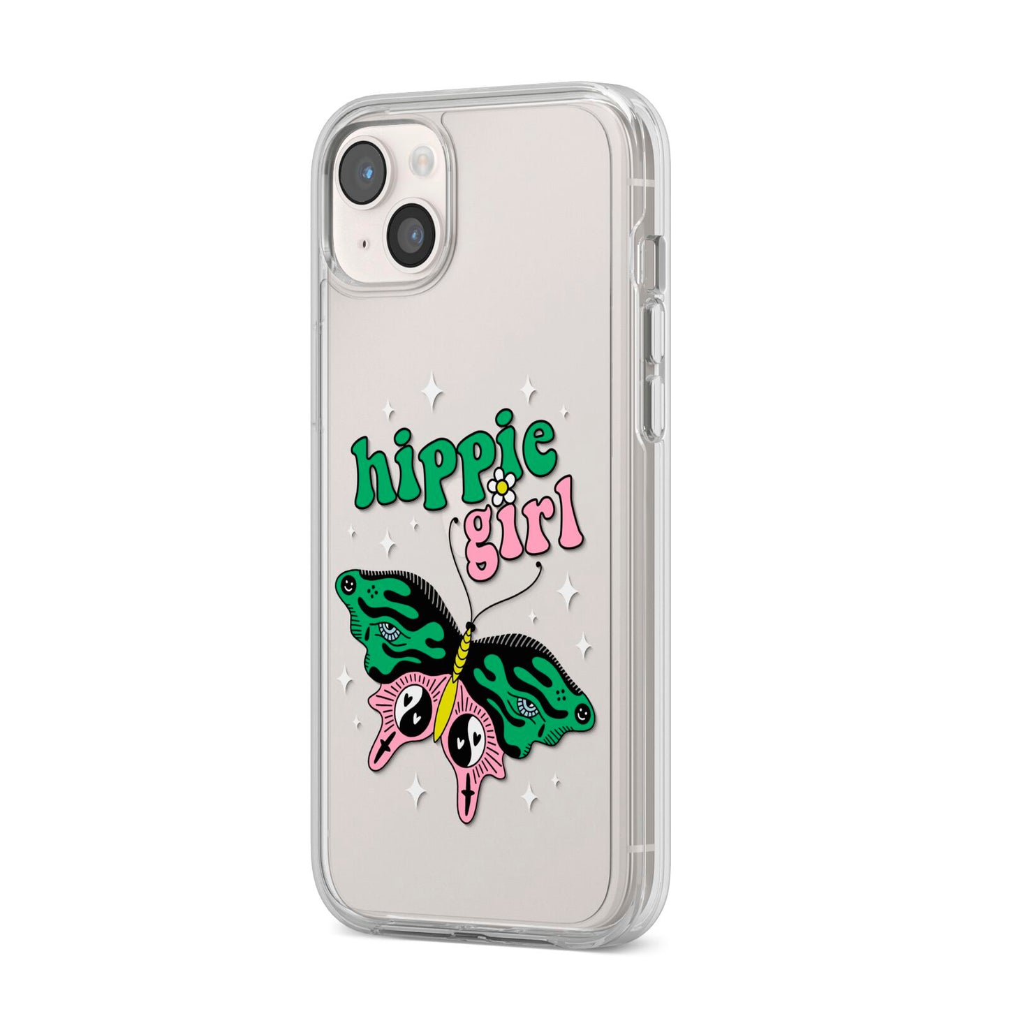 Hippie Girl iPhone 14 Plus Clear Tough Case Starlight Angled Image