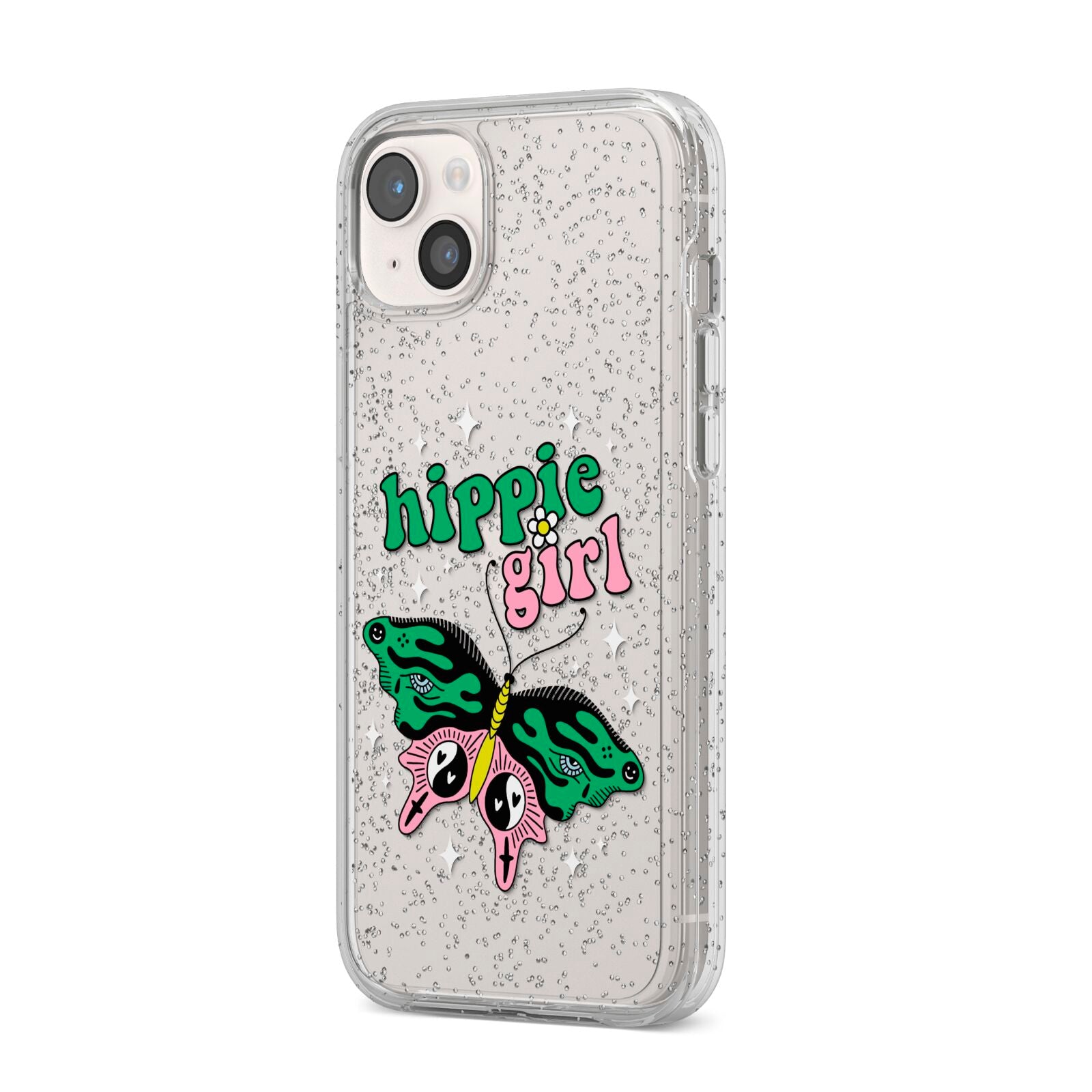 Hippie Girl iPhone 14 Plus Glitter Tough Case Starlight Angled Image