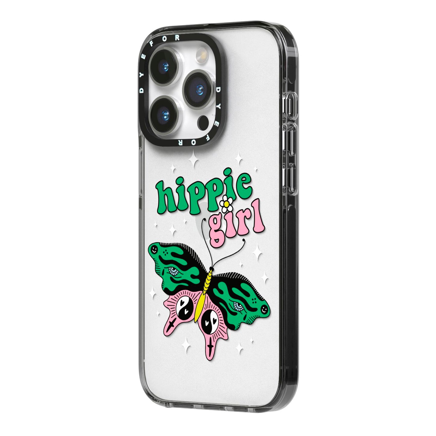 Hippie Girl iPhone 14 Pro Black Impact Case Side Angle on Silver phone