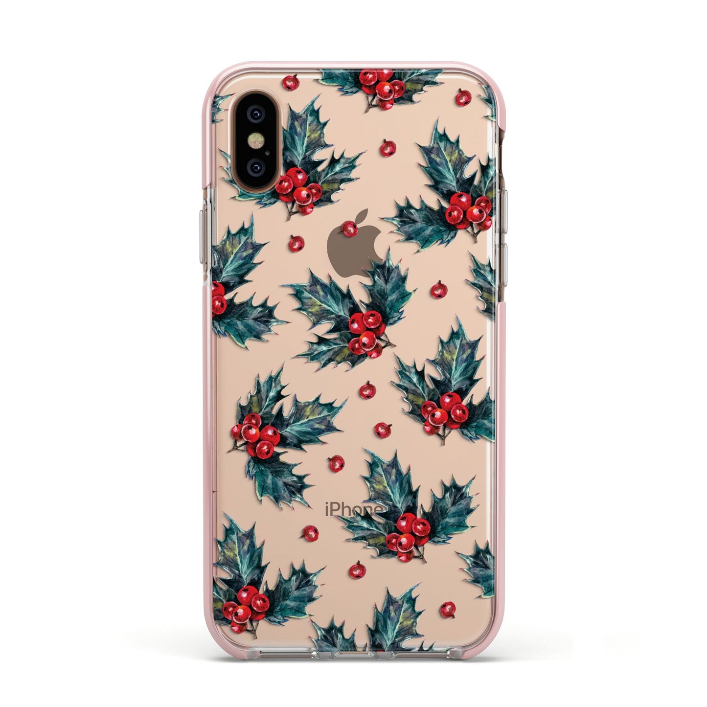 Holly berry Apple iPhone Xs Impact Case Pink Edge on Gold Phone