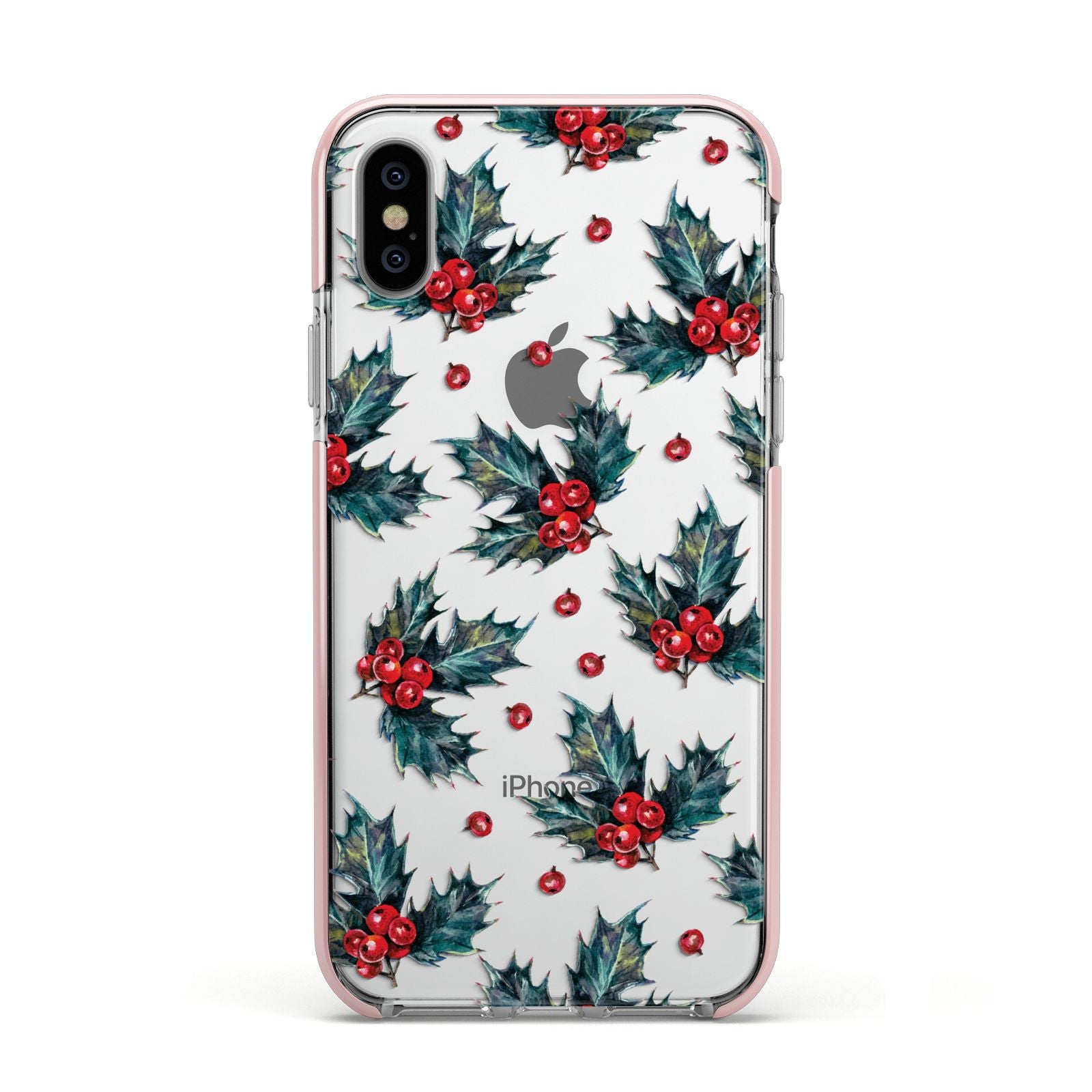 Holly berry Apple iPhone Xs Impact Case Pink Edge on Silver Phone