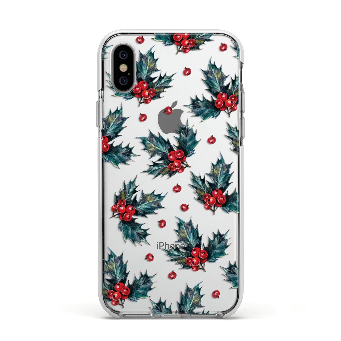 Holly berry Apple iPhone Xs Impact Case White Edge on Silver Phone