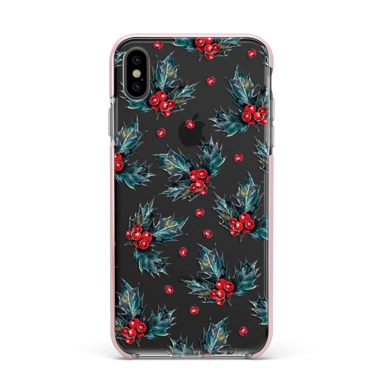 Holly berry Apple iPhone Xs Max Impact Case Pink Edge on Black Phone