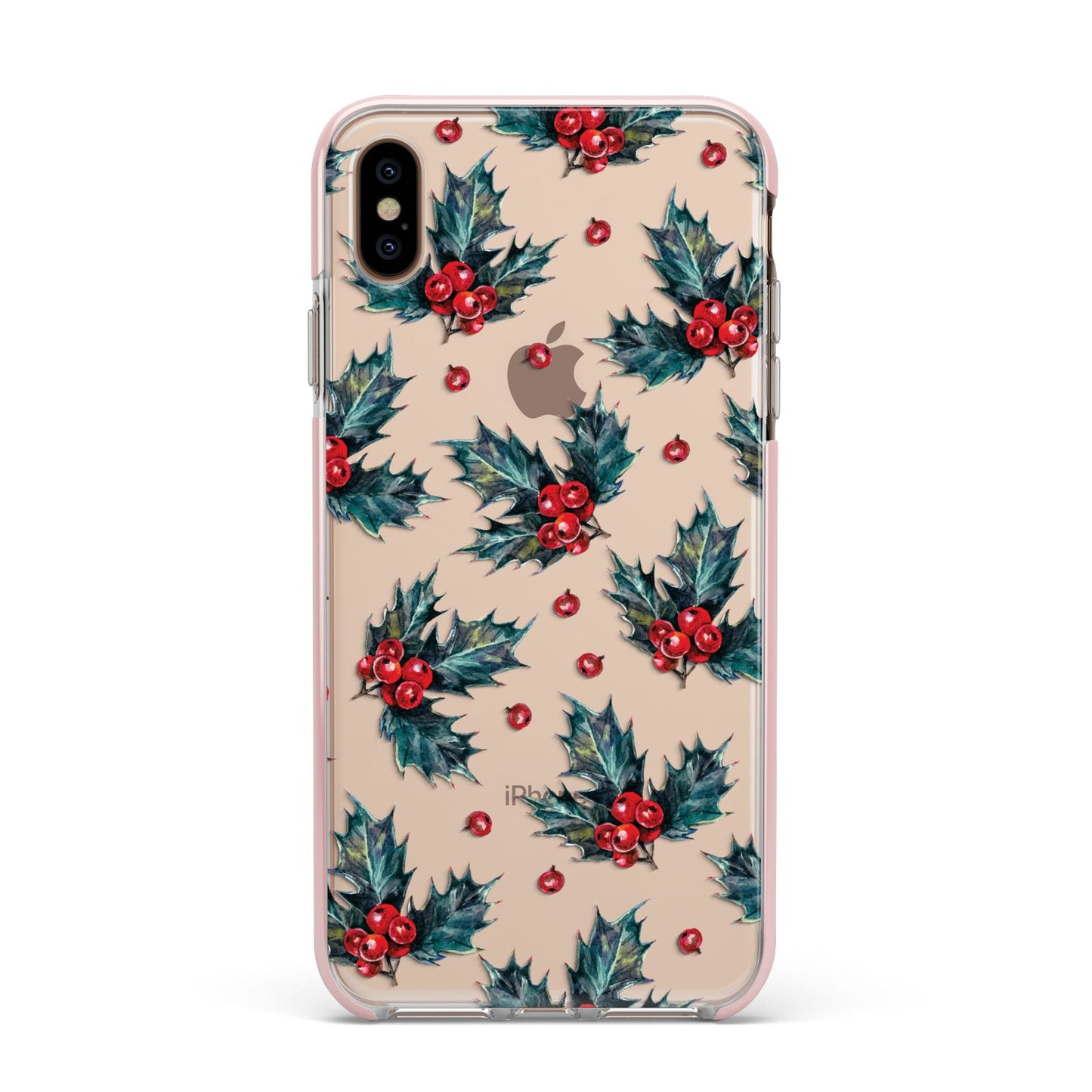 Holly berry Apple iPhone Xs Max Impact Case Pink Edge on Gold Phone
