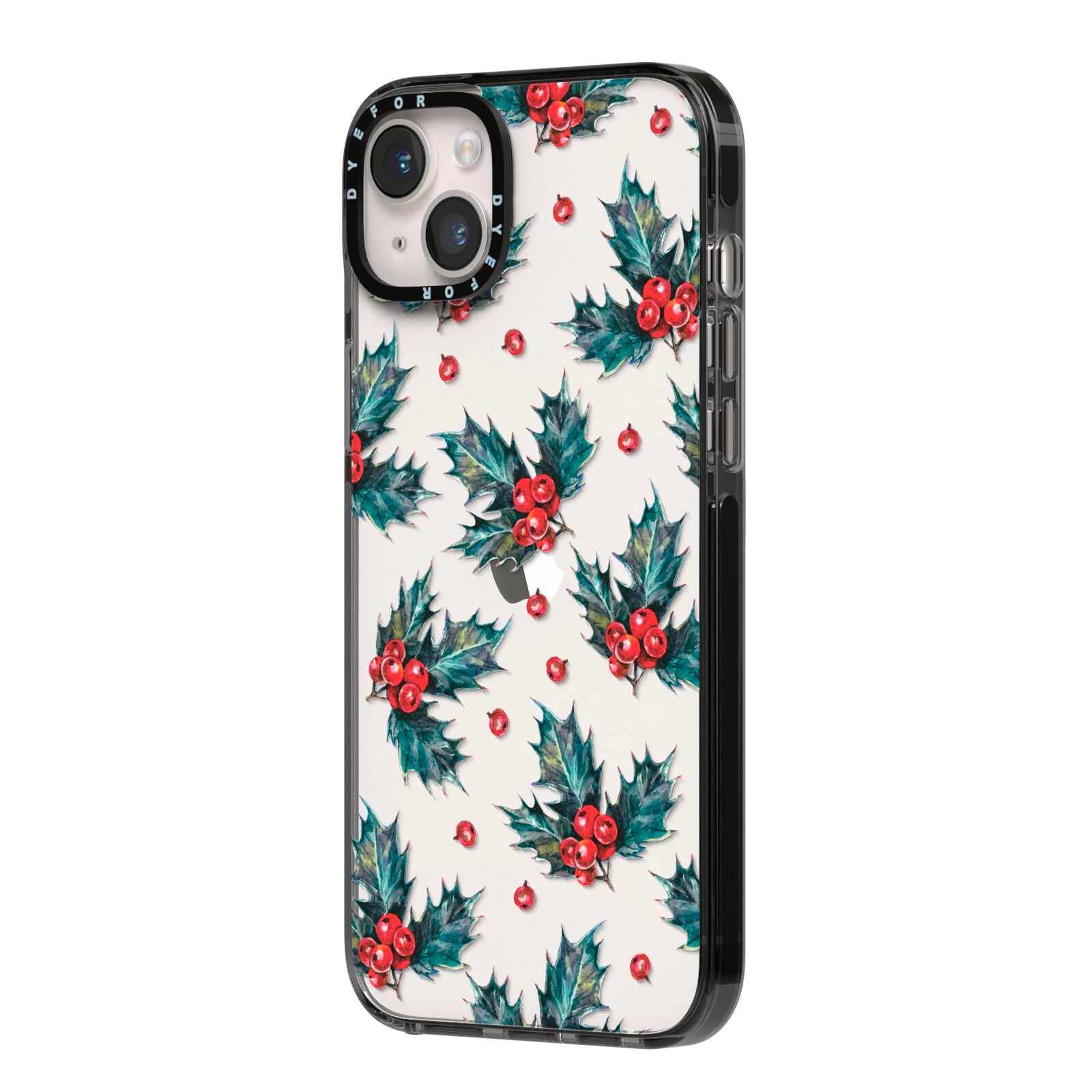 Holly berry iPhone 14 Plus Black Impact Case Side Angle on Silver phone