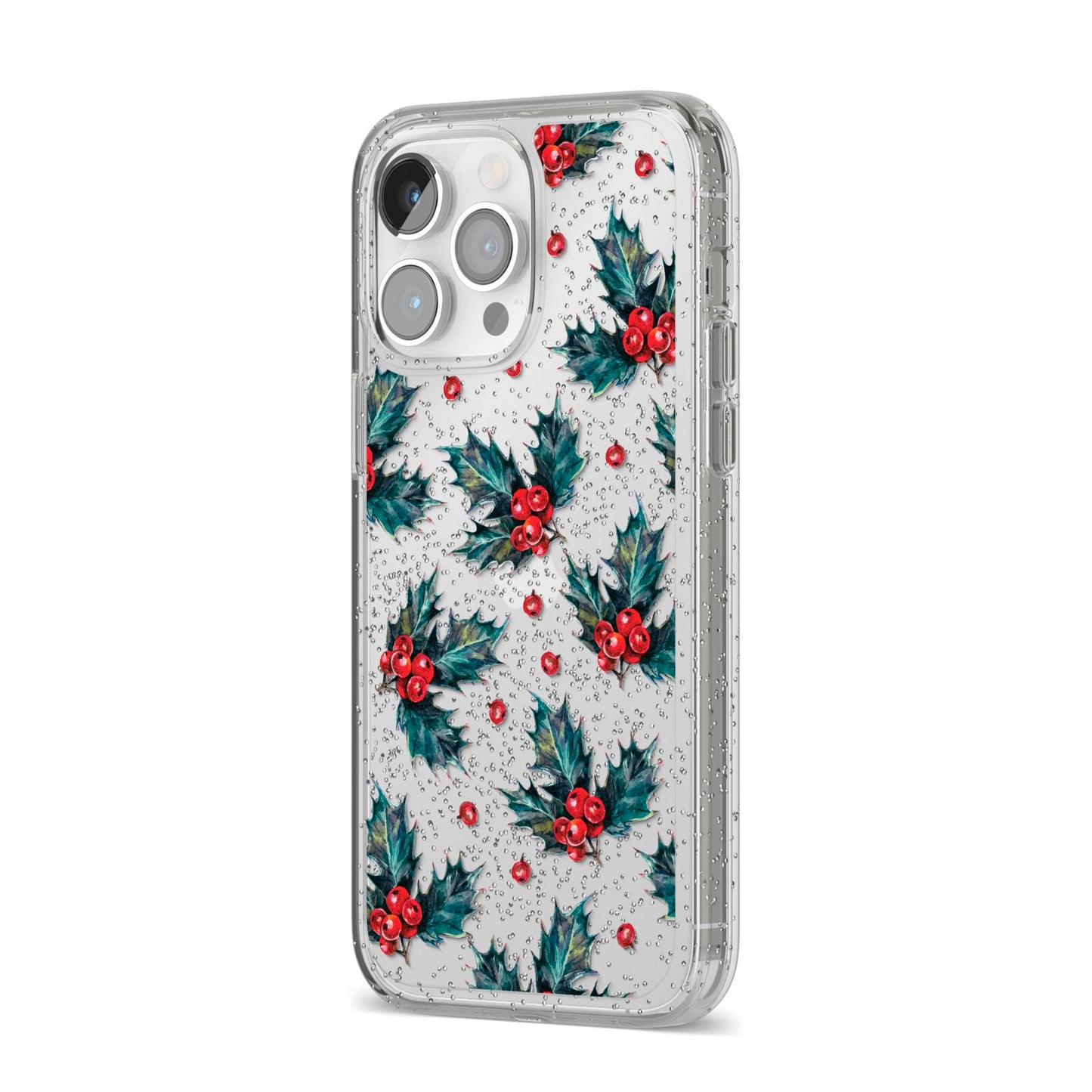 Holly berry iPhone 14 Pro Max Glitter Tough Case Silver Angled Image