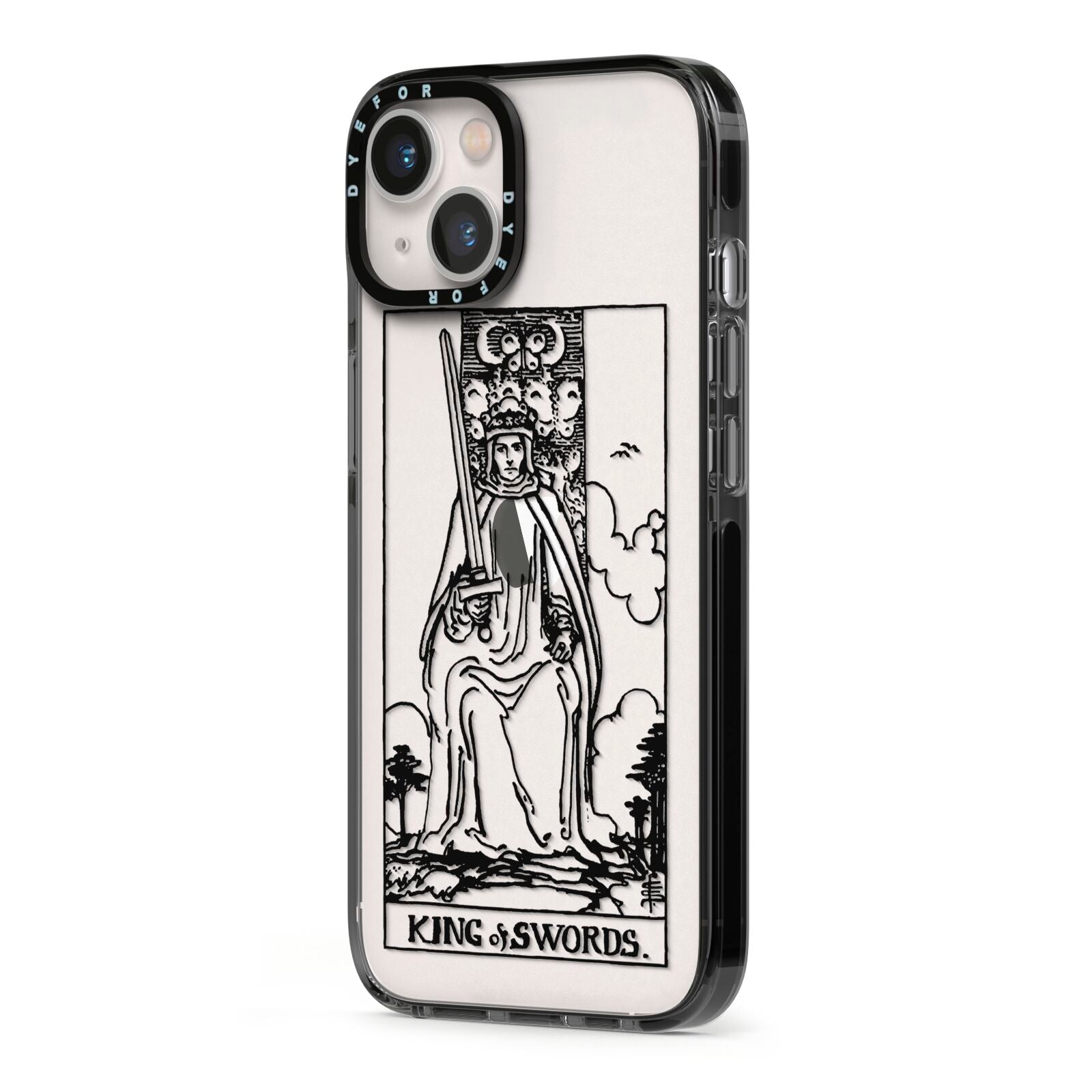 King of Swords Monochrome iPhone 13 Black Impact Case Side Angle on Silver phone