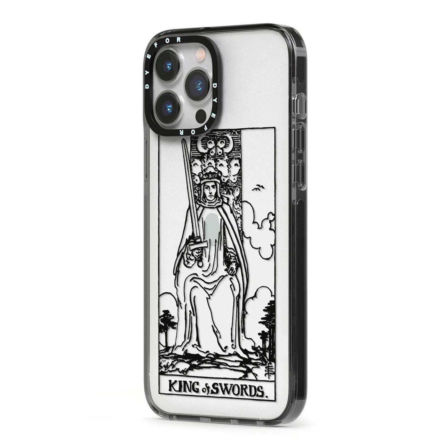 King of Swords Monochrome iPhone 13 Pro Max Black Impact Case Side Angle on Silver phone