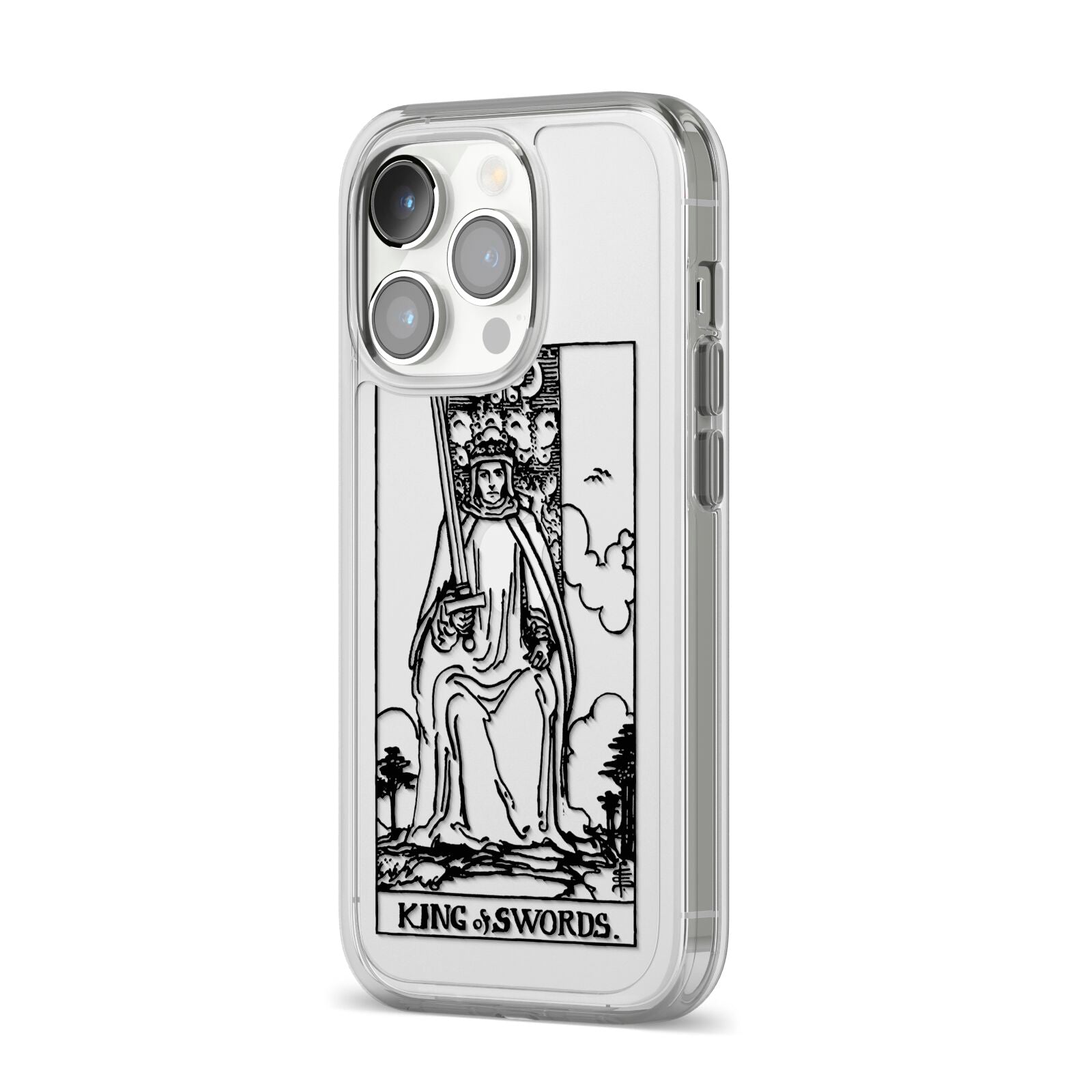 King of Swords Monochrome iPhone 14 Pro Clear Tough Case Silver Angled Image