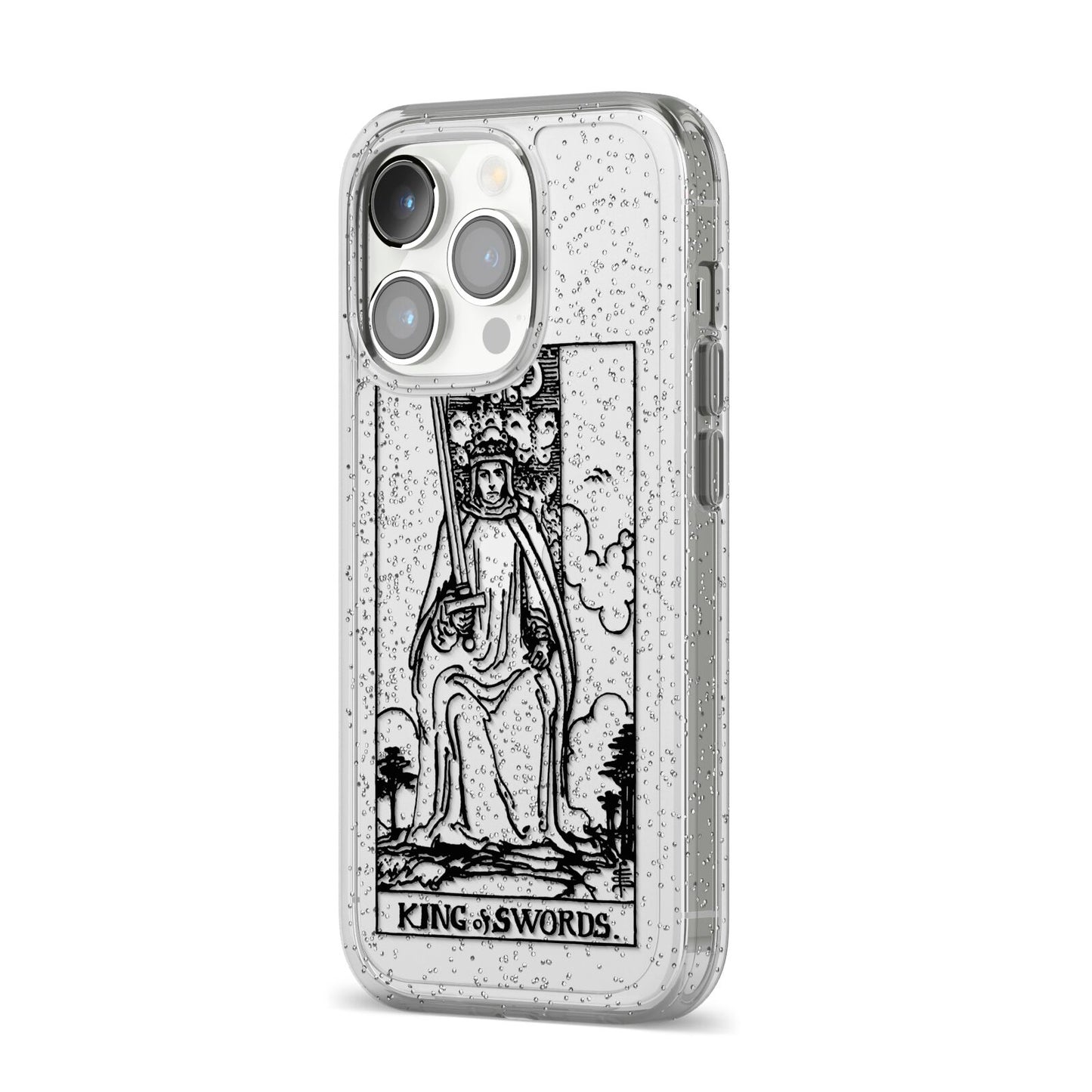 King of Swords Monochrome iPhone 14 Pro Glitter Tough Case Silver Angled Image