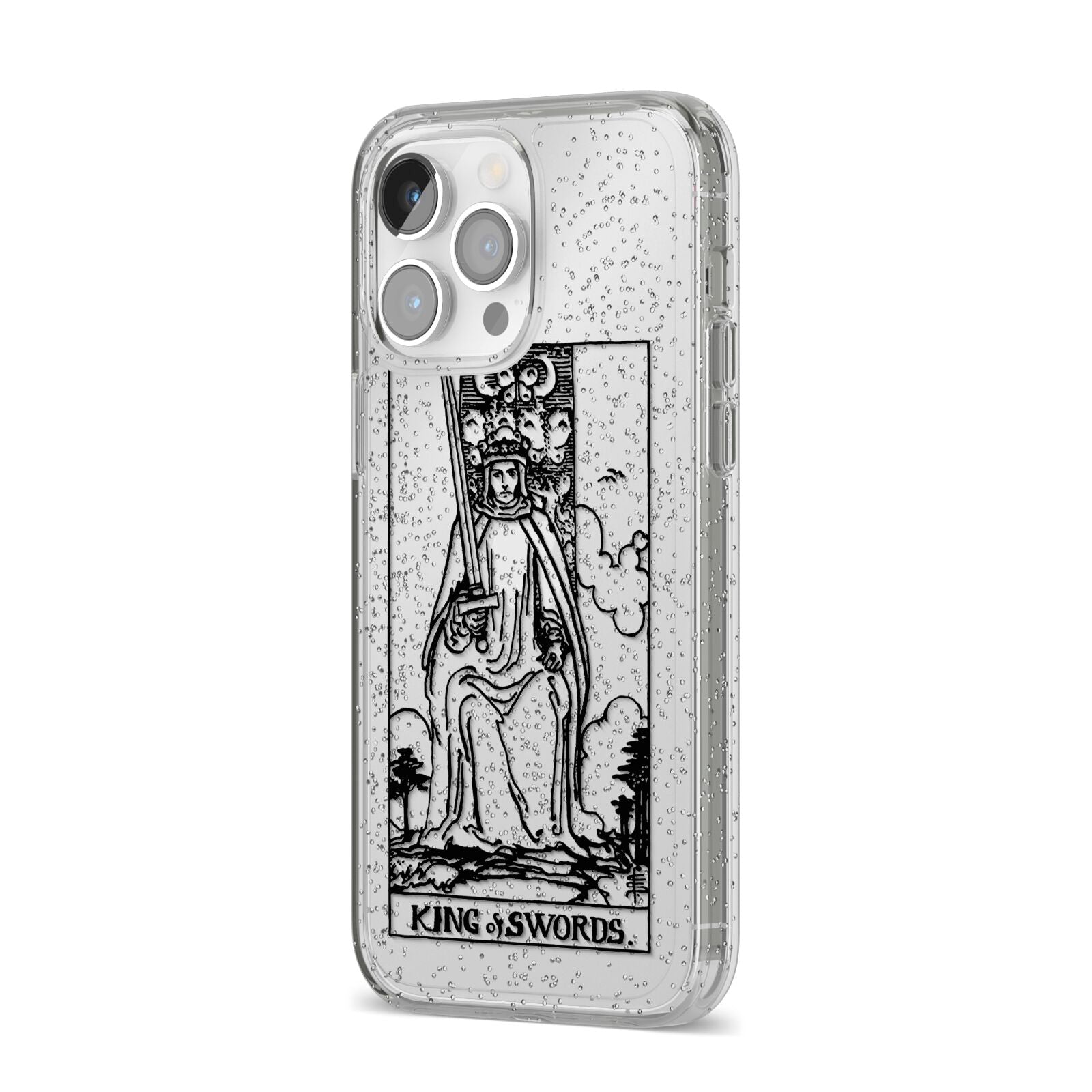 King of Swords Monochrome iPhone 14 Pro Max Glitter Tough Case Silver Angled Image
