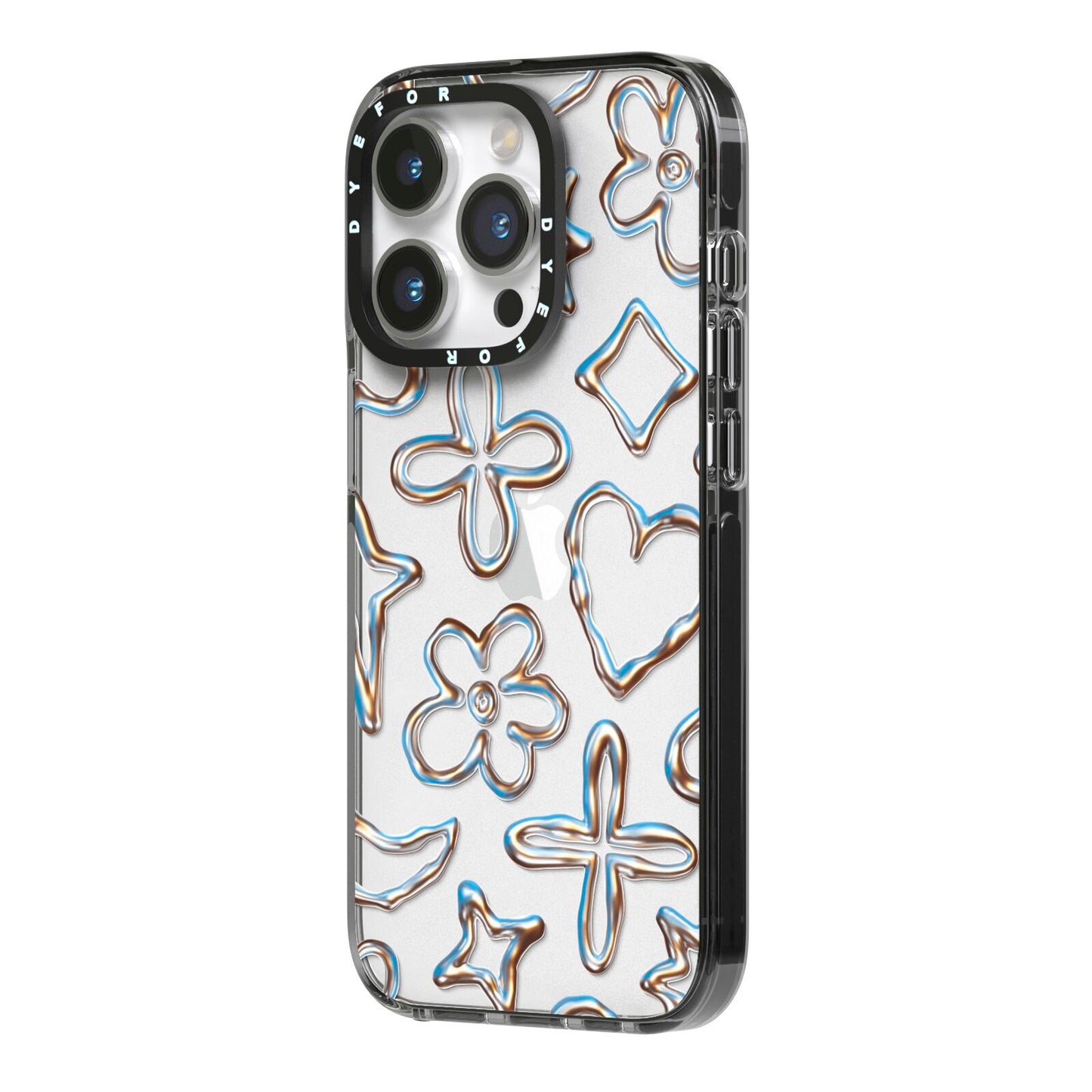 Liquid Chrome Doodles iPhone 14 Pro Black Impact Case Side Angle on Silver phone