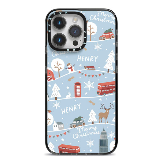 London Christmas Scene Personalised iPhone 14 Pro Max Black Impact Case on Silver phone