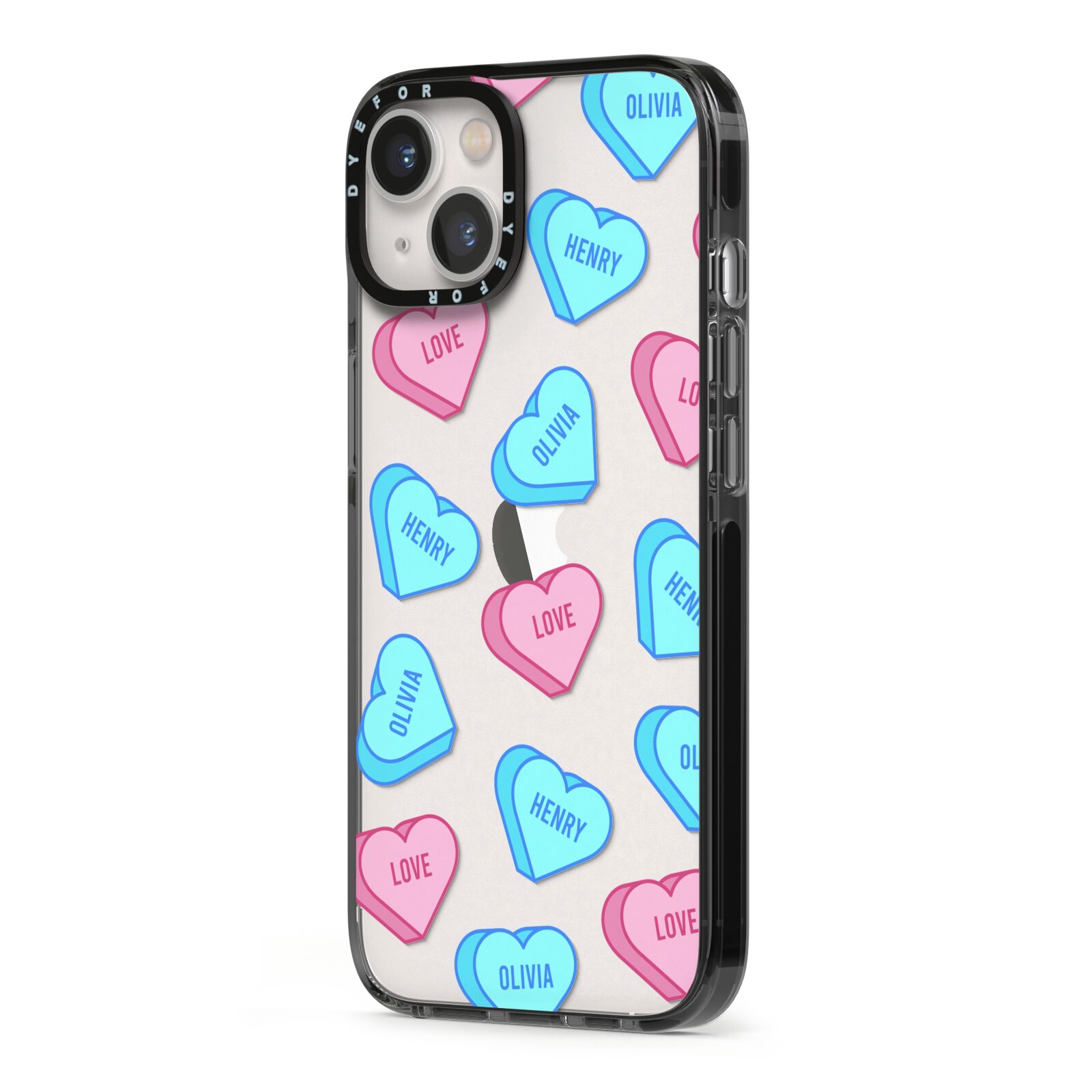 Love Heart Sweets with Names iPhone 13 Black Impact Case Side Angle on Silver phone