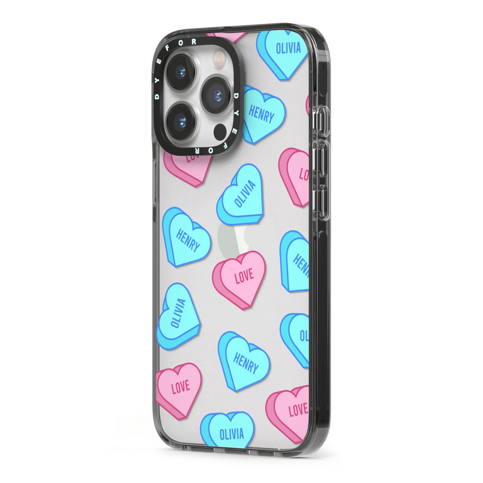 Love Heart Sweets with Names iPhone 13 Pro Black Impact Case Side Angle on Silver phone
